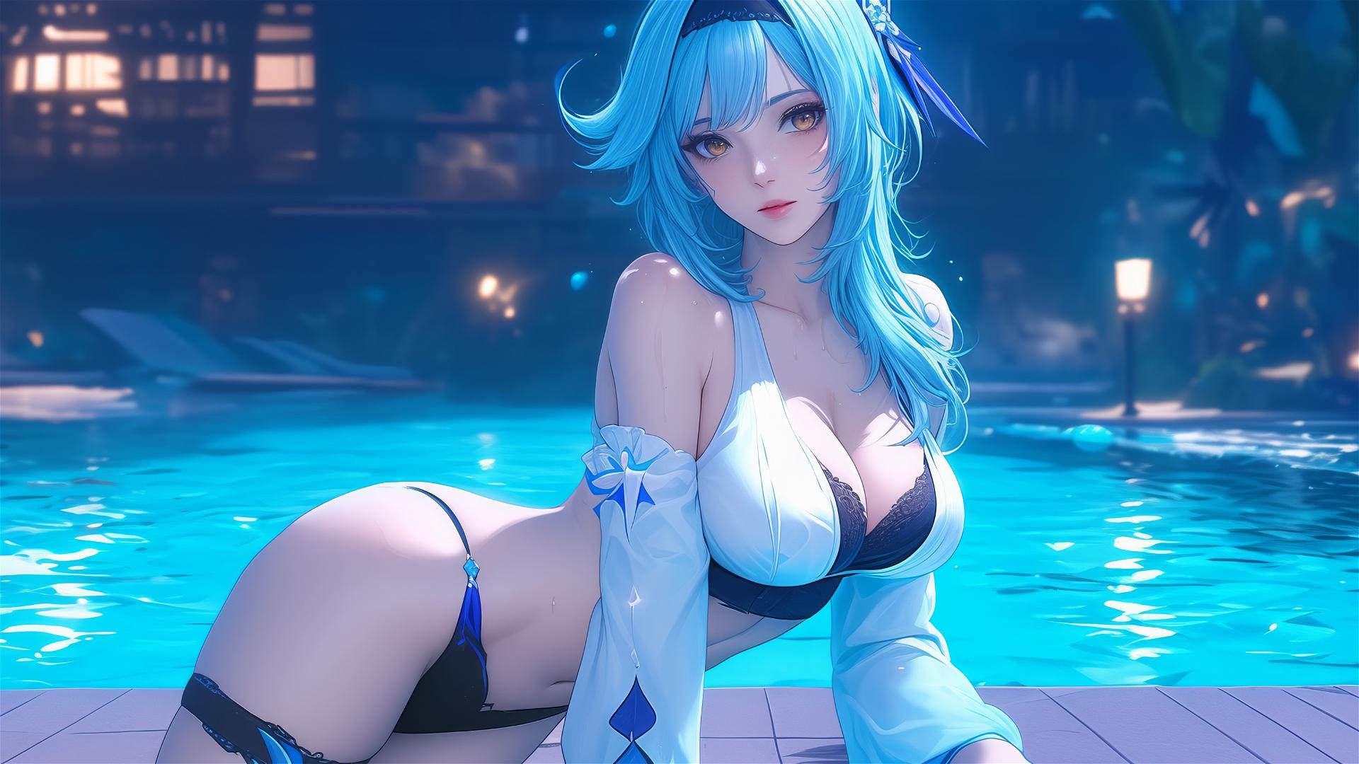 Eula Lawrence from Genshin Impact resting by a swimming pool under moonlight