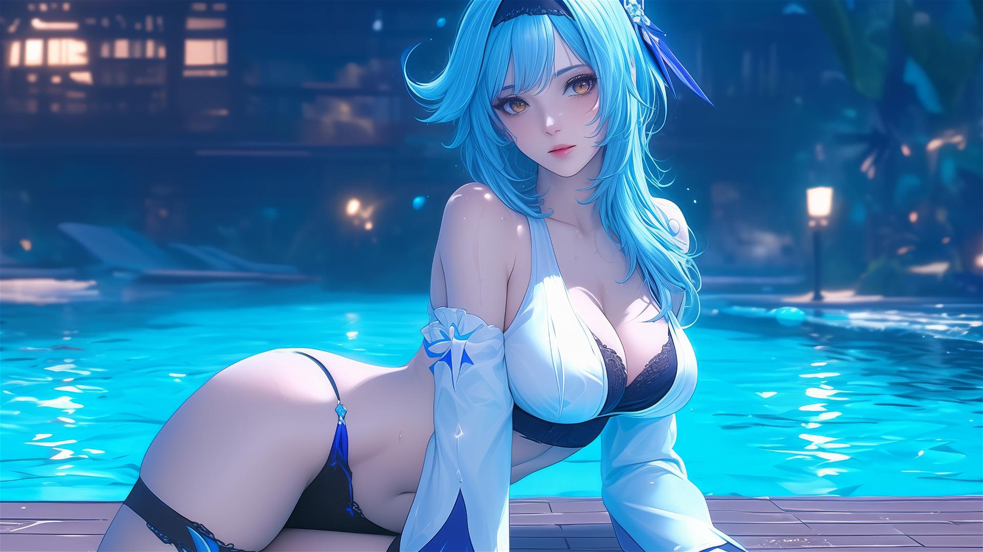 Eula Lawrence from Genshin Impact resting at a swimming pool under moonlight with light blue hair