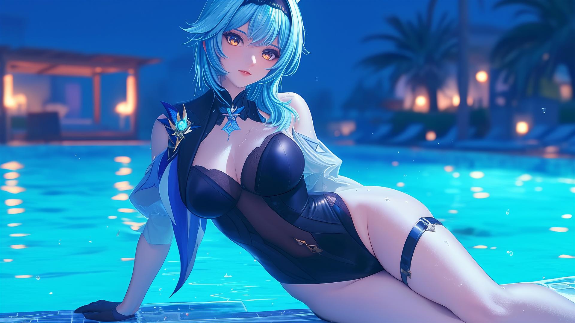 Eula Lawrence from Genshin Impact resting at a swimming pool under moonlight.
