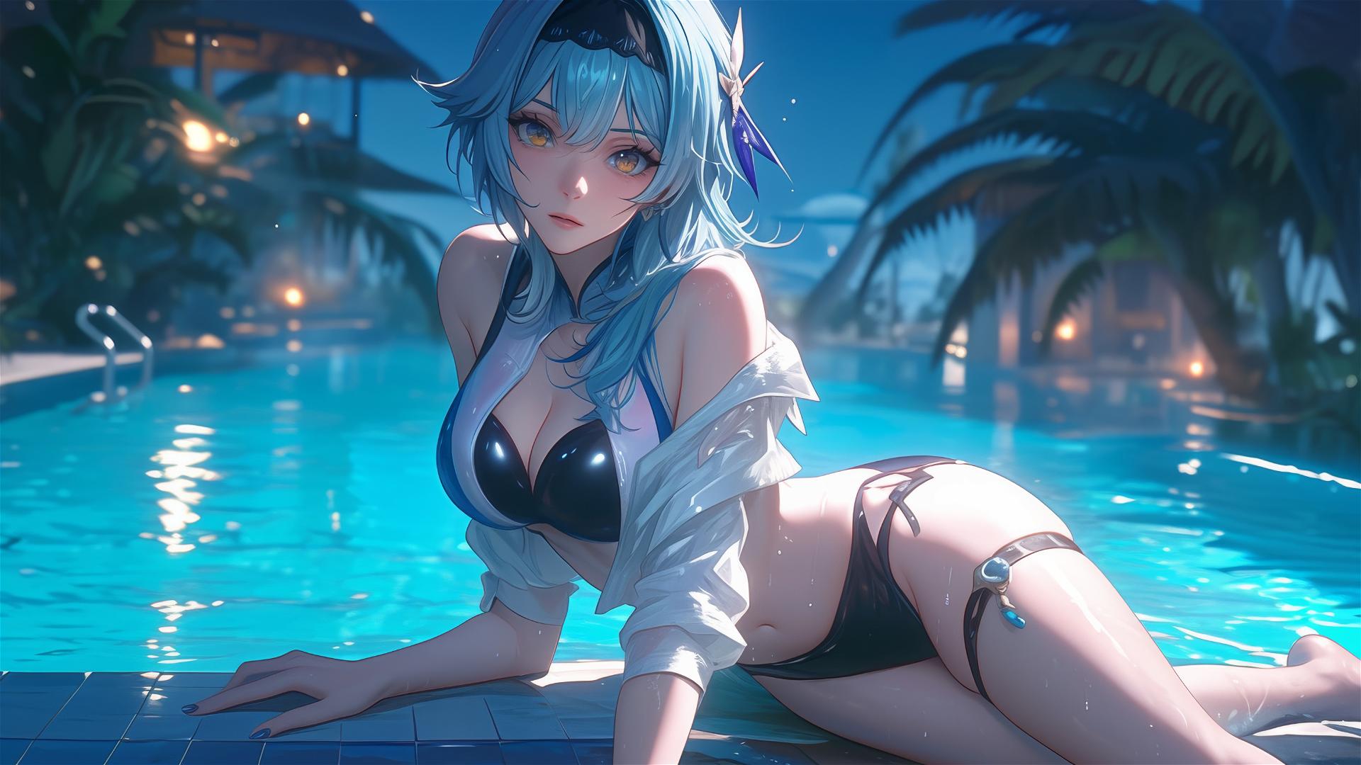 Eula Lawrence from Genshin Impact resting by a swimming pool under moonlight, light blue hair.