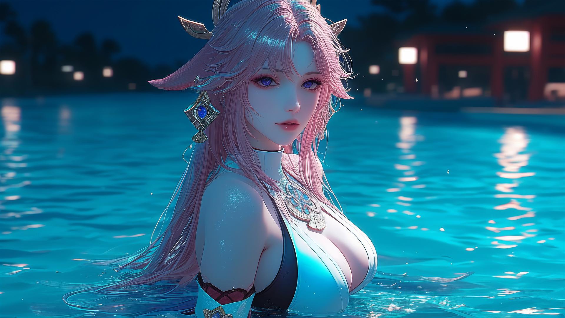 Yae Miko from Genshin Impact resting by the pool under moonlight, with pink hair and purple eyes.