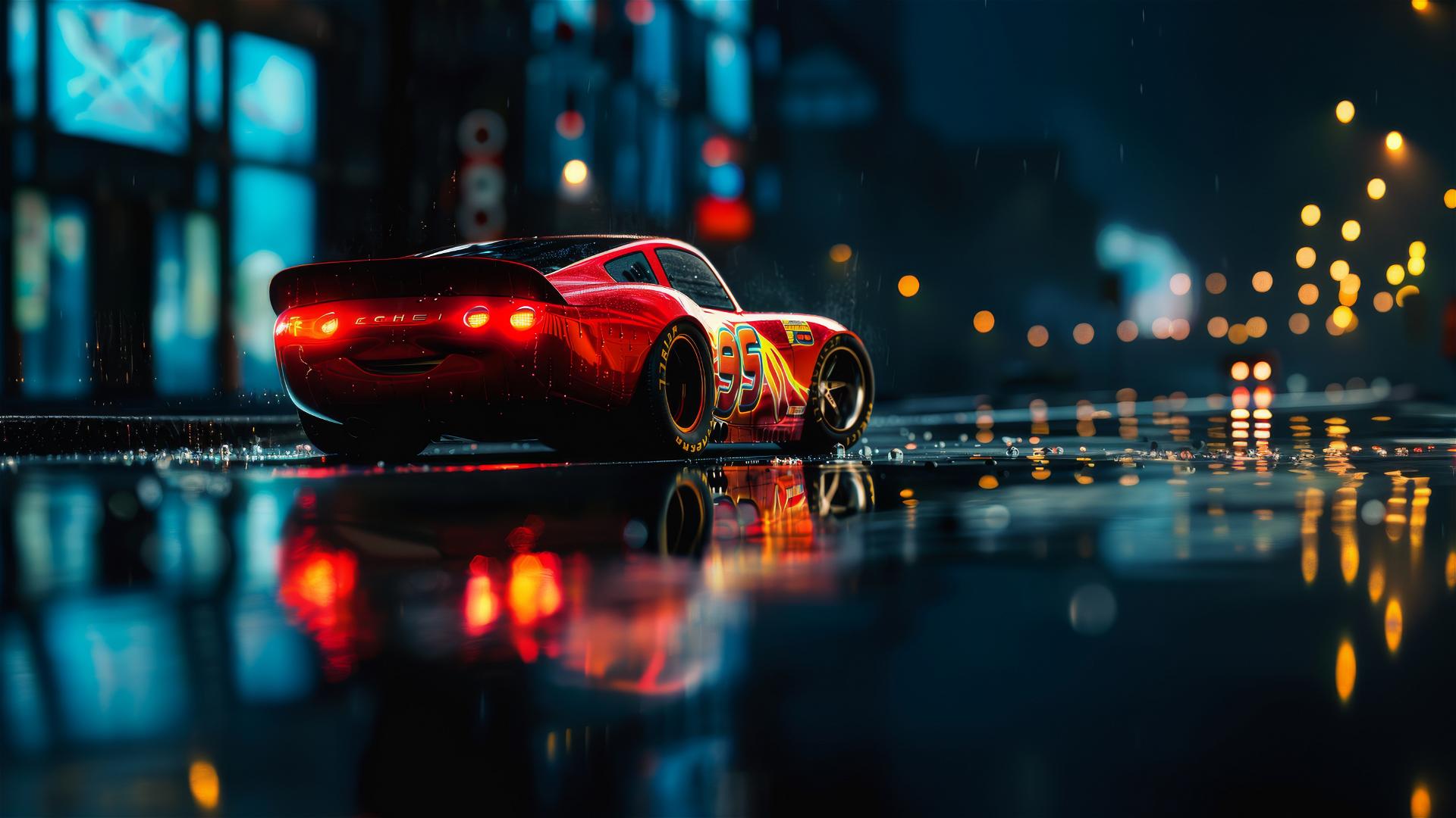 Lightning McQueen from Harry Potter under spotlight, Pixar style, rear view