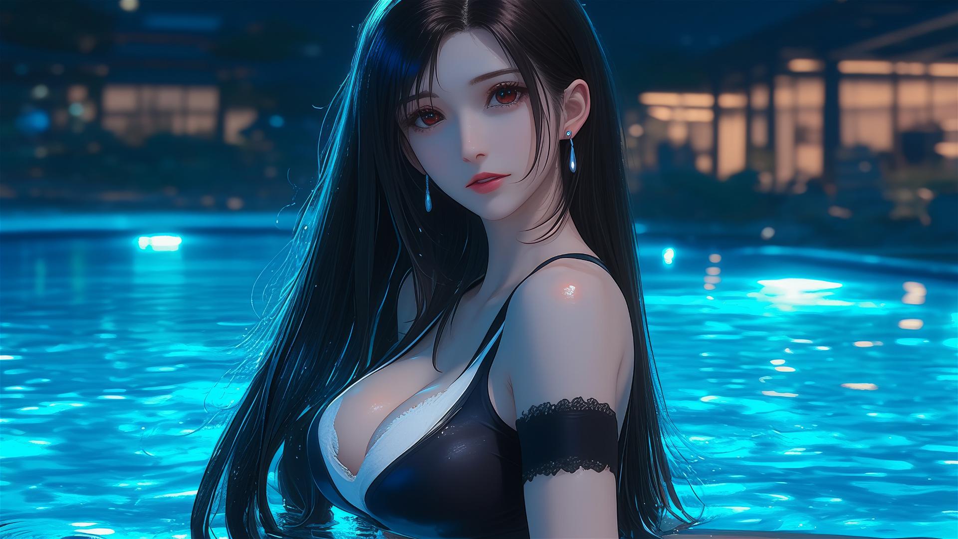 Tifa Lockhart resting by a swimming pool under moonlight