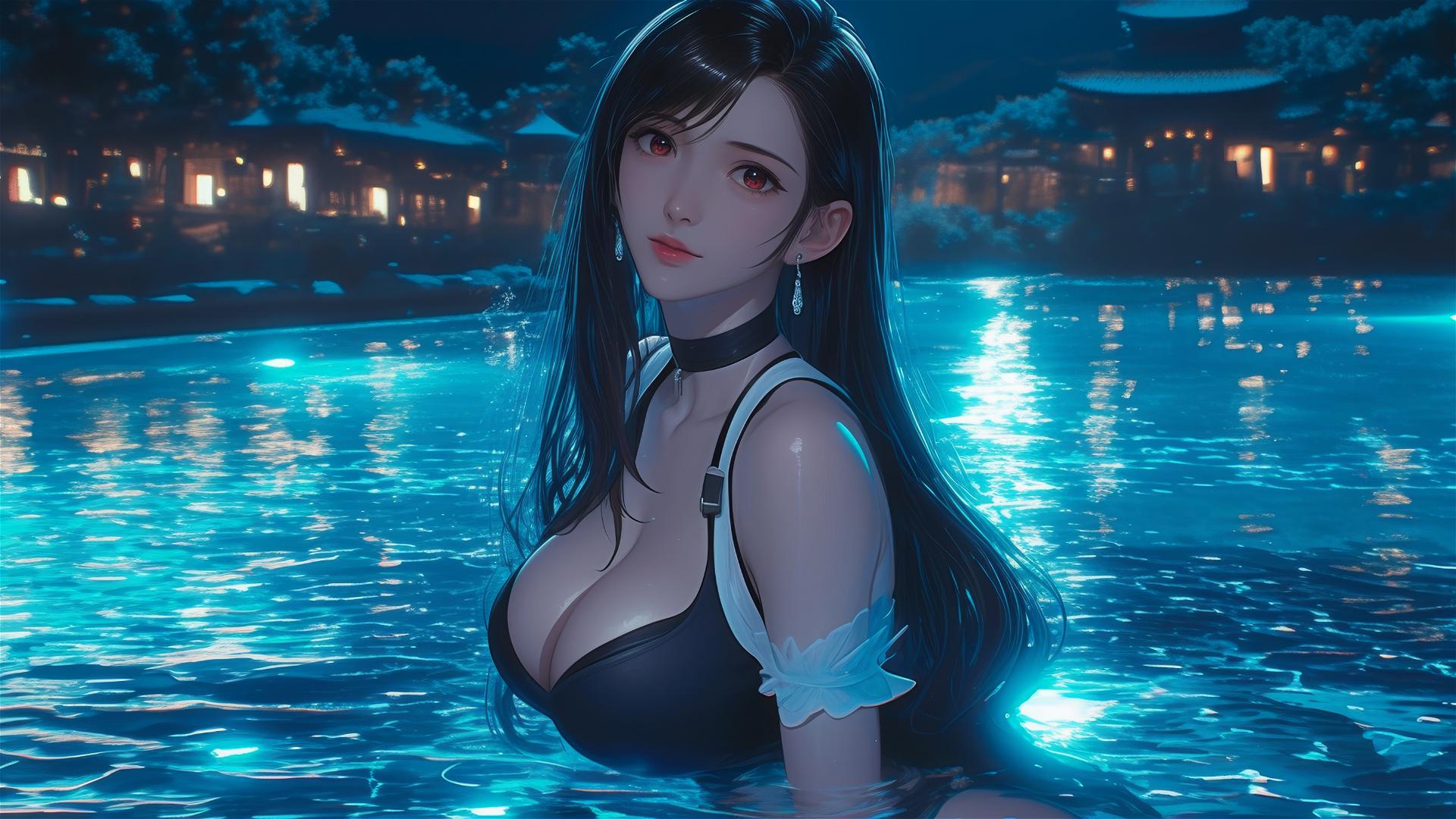 Tifa Lockhart resting by the swimming pool under moonlight