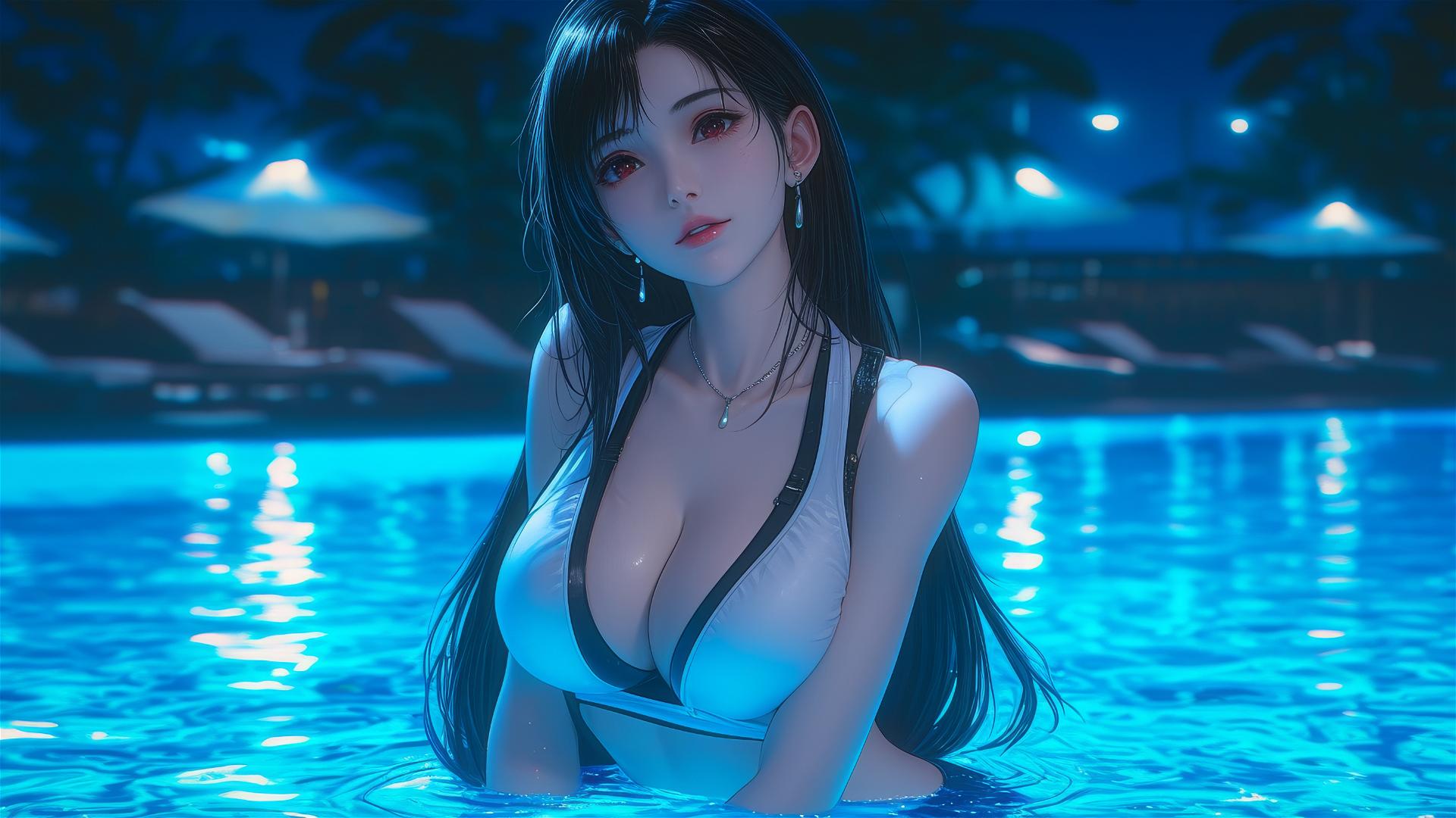 Tifa Lockhart resting by swimming pool under moonlight