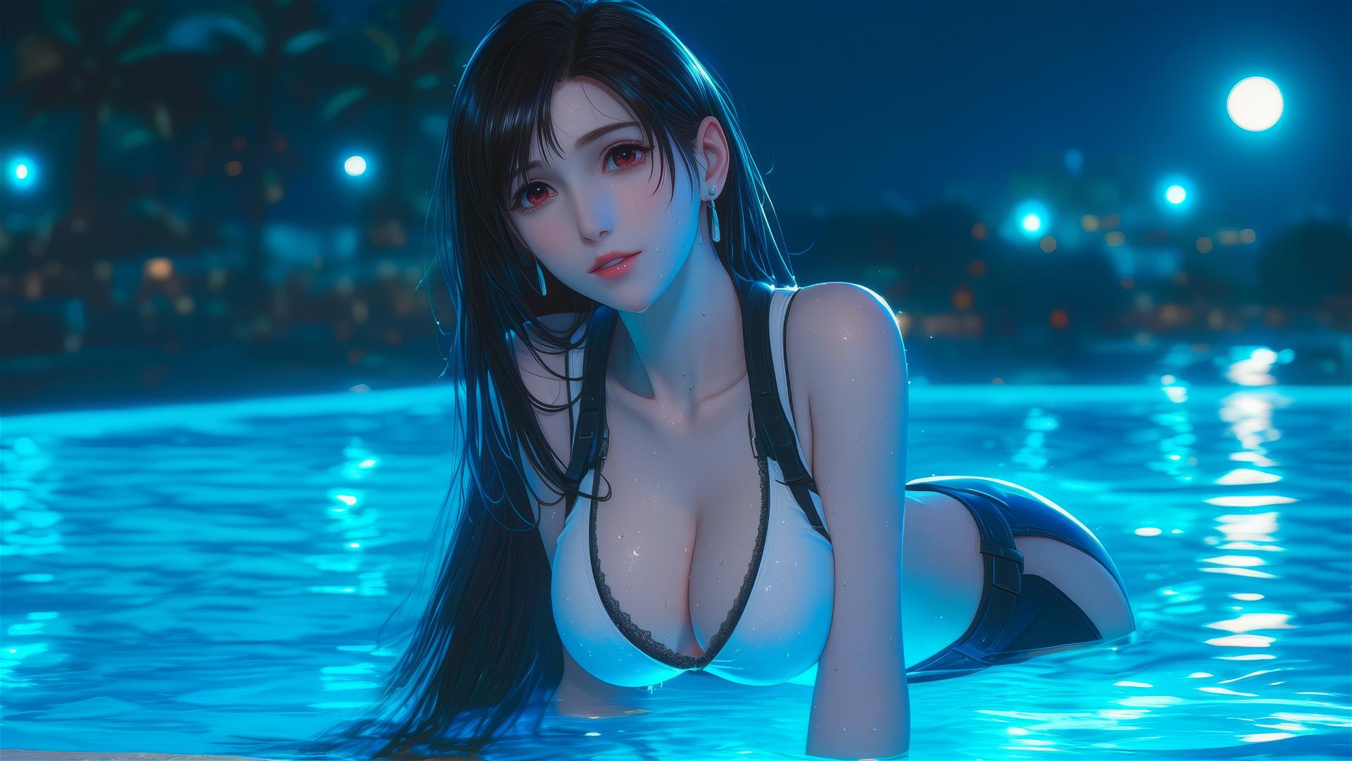 Tifa Lockhart resting at swimming pool under moonlight