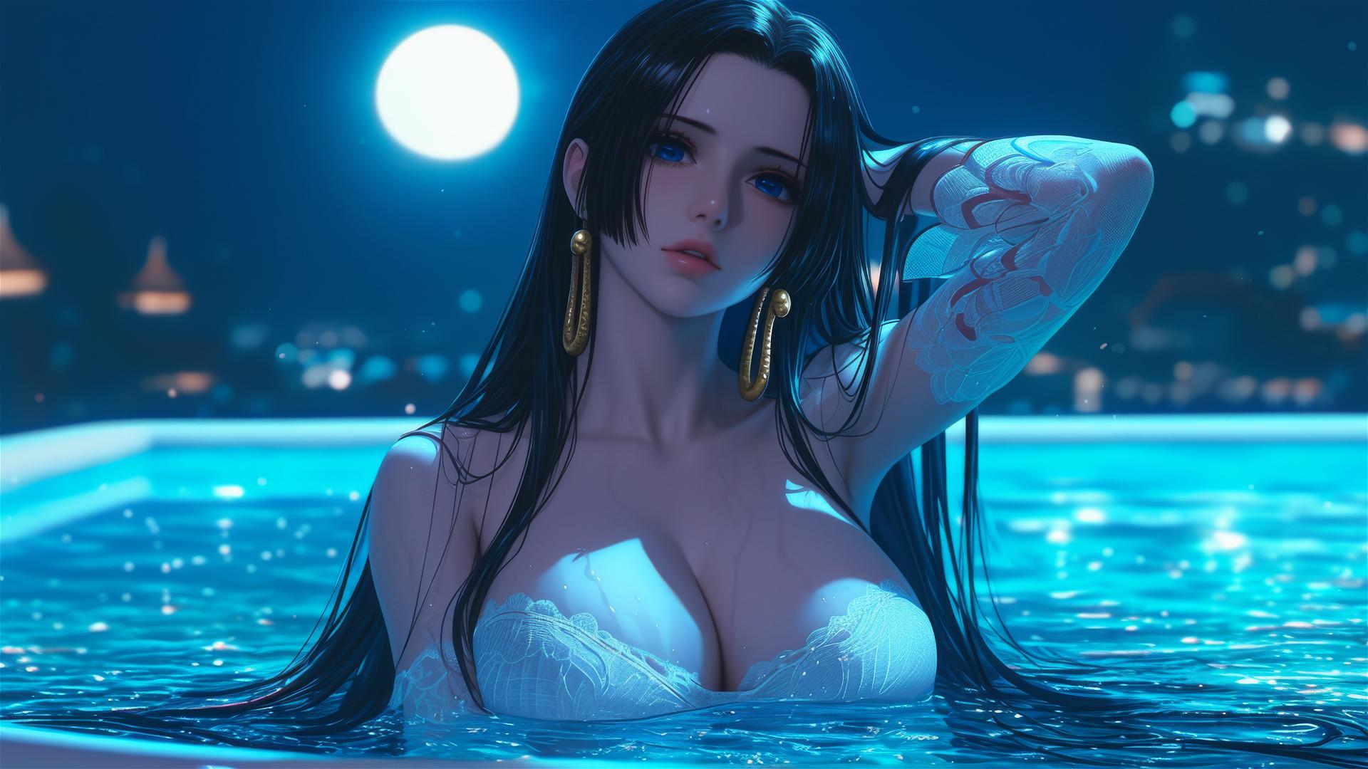 Boa Hancock resting in a tub under moonlight