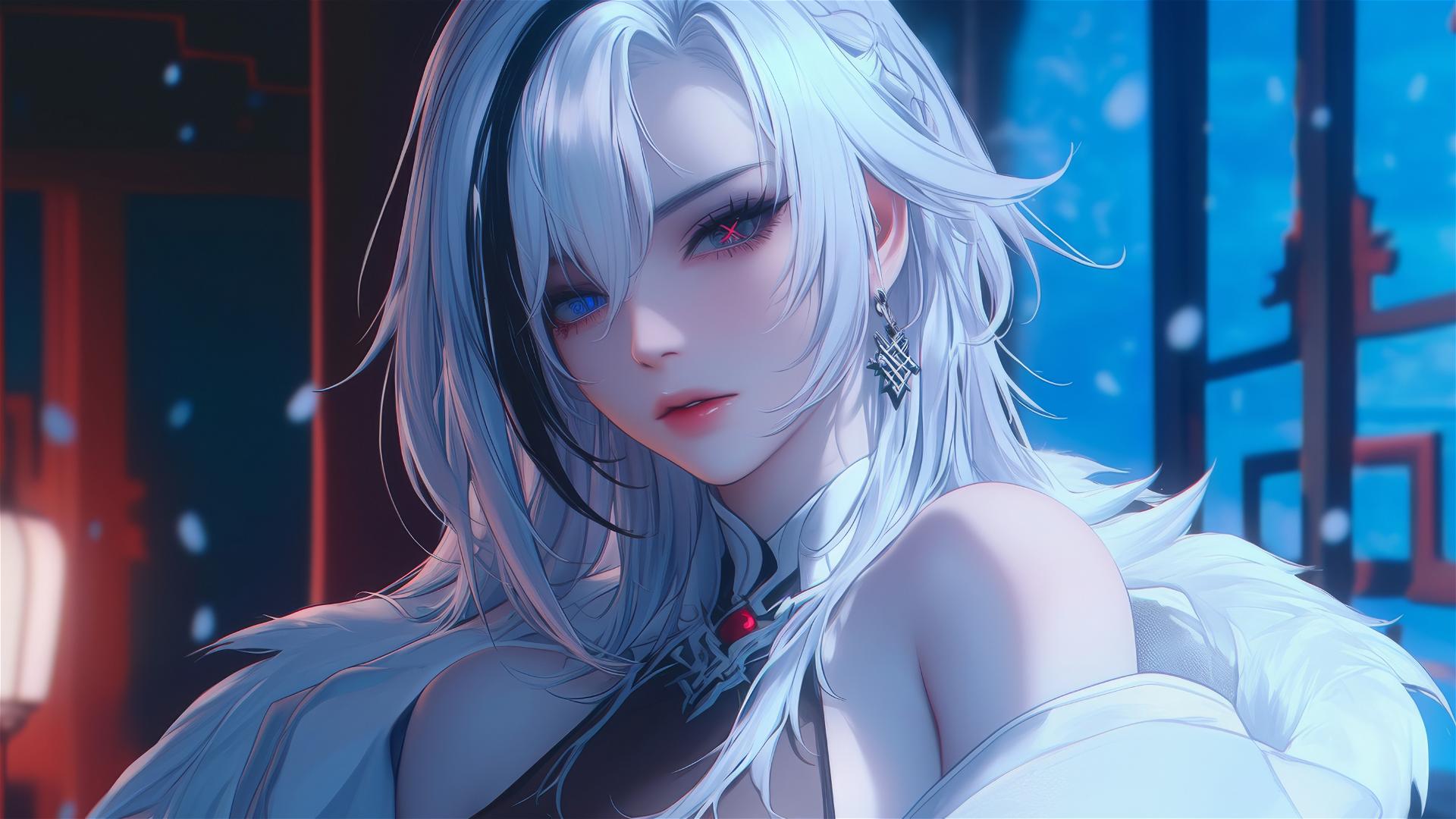 Arlecchino from Genshin Impact with snow white hair and black streaks in a moonlit modern hotel room