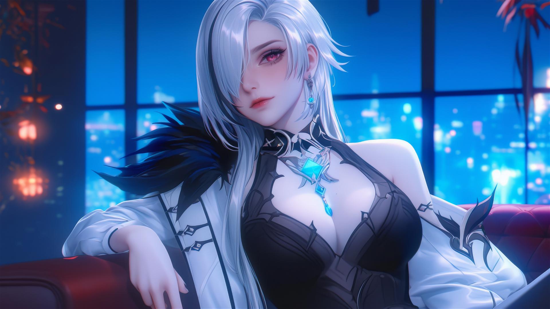 Arlecchino from Genshin Impact with snow white hair and black streaks, resting in a modern hotel room.