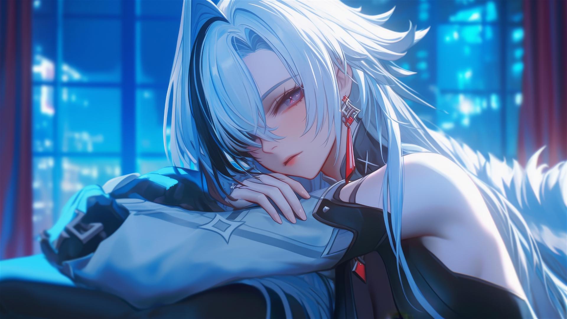 Arlecchino with snow white hair in a modern hotel room under moonlight
