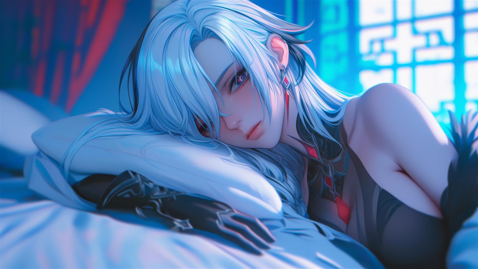 Arlecchino from Genshin Impact with snow white hair and red x-shaped pupils