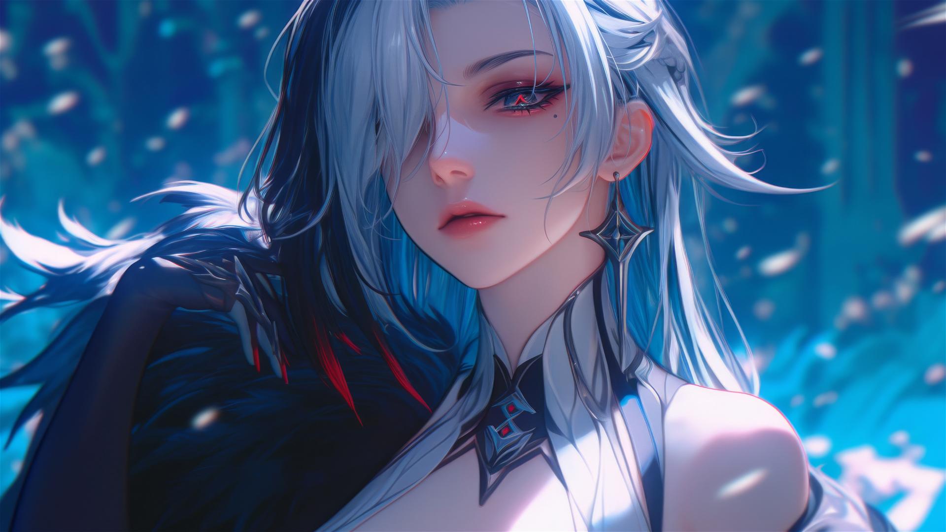 Arlecchino from Genshin Impact with snow white hair and black streaks, resting in a hotel room under moonlight