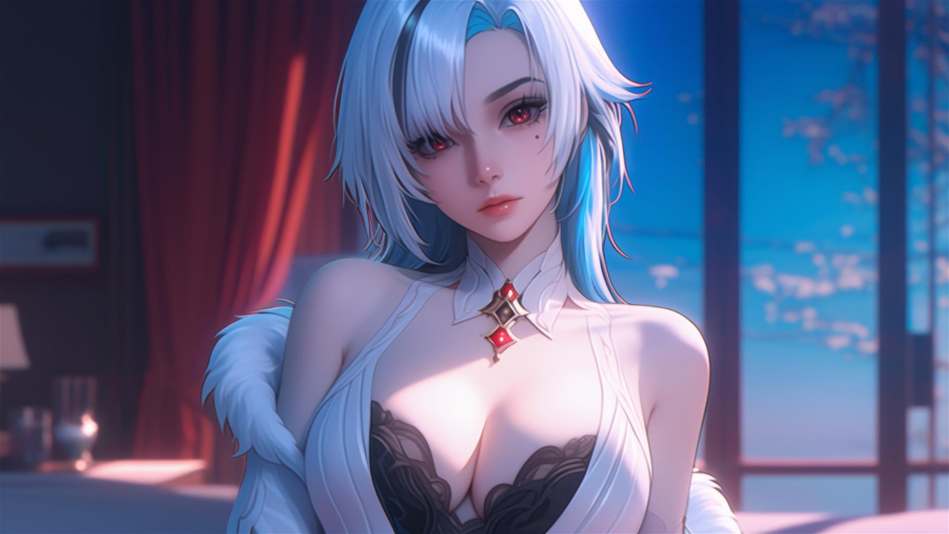 Arlecchino from Genshin Impact with snow white hair and red 'x'-shaped pupils in a modern hotel room with moonlight glow.