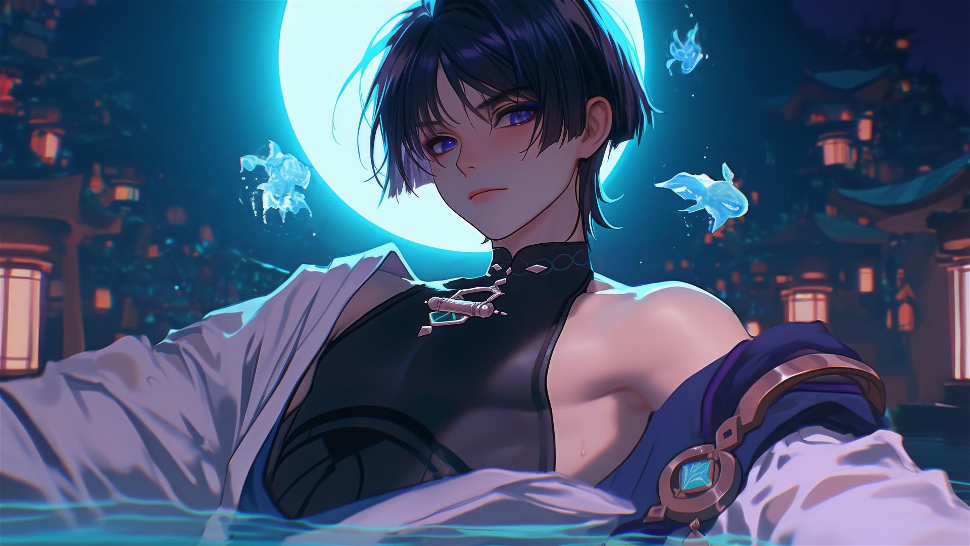 Scaramouche from Genshin Impact leisurely resting in a tub with moonlight casting a soft glow.