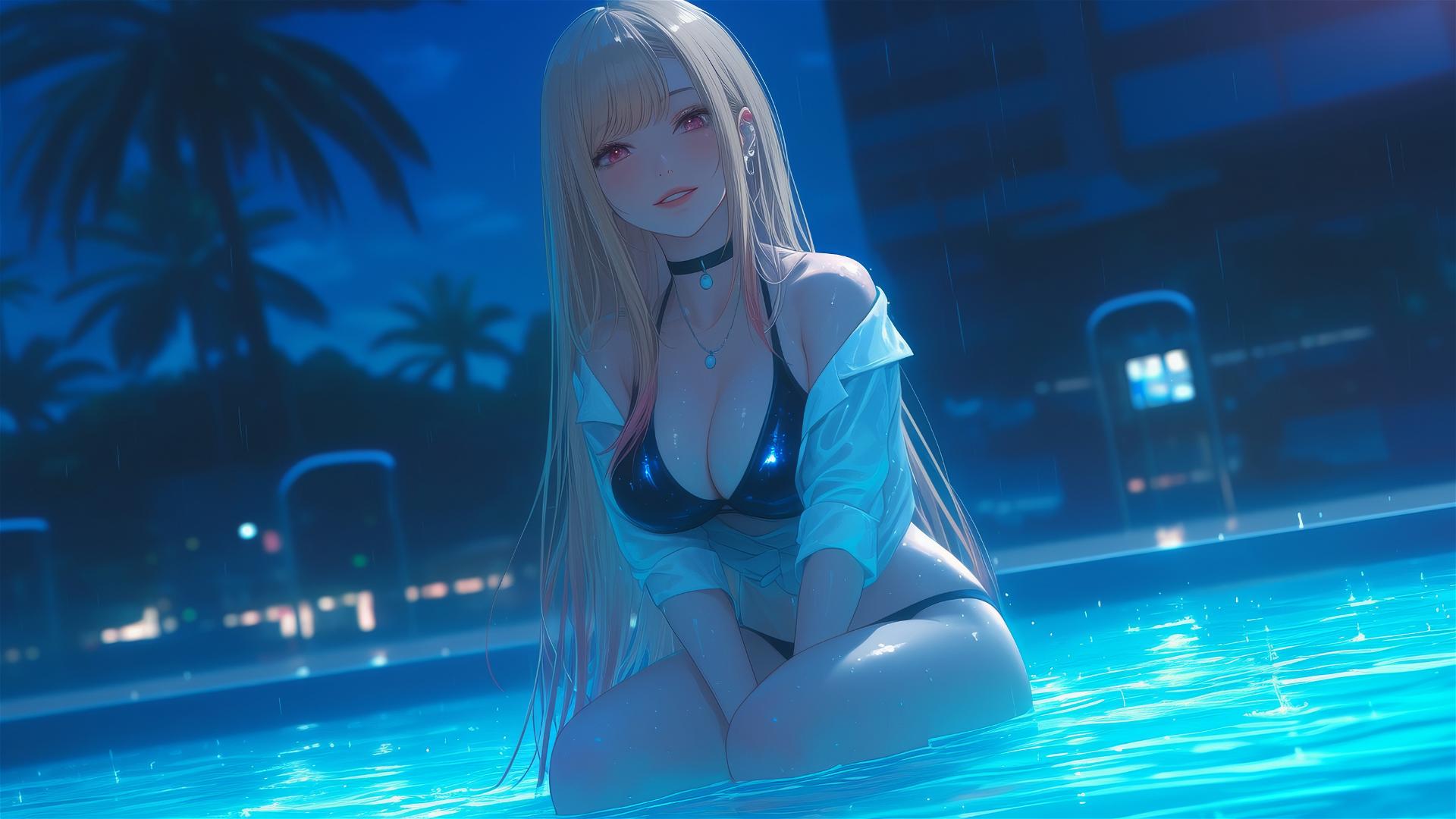 Marin Kitagawa sitting by a rainy swimming pool, illuminated by moonlight