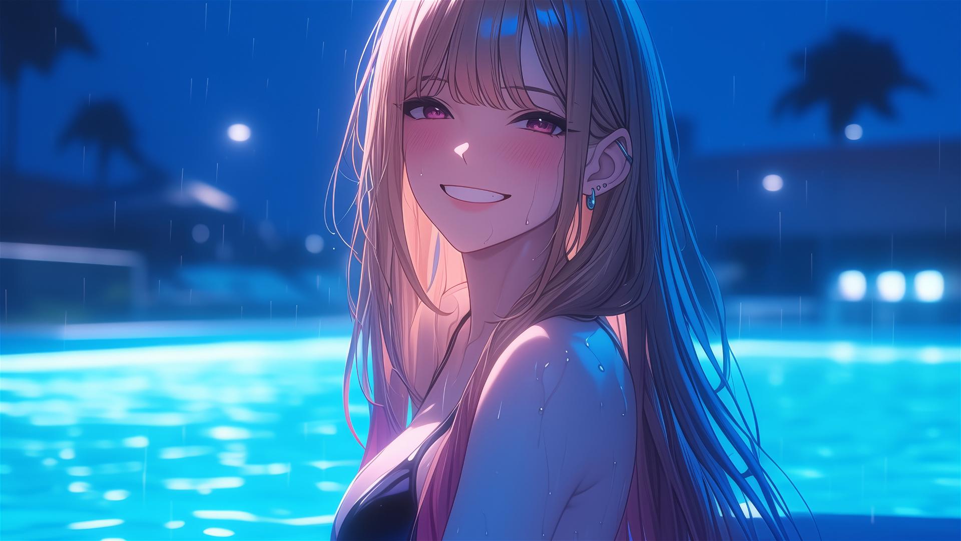 Marin Kitagawa sitting by a rainy swimming pool with moonlight glow