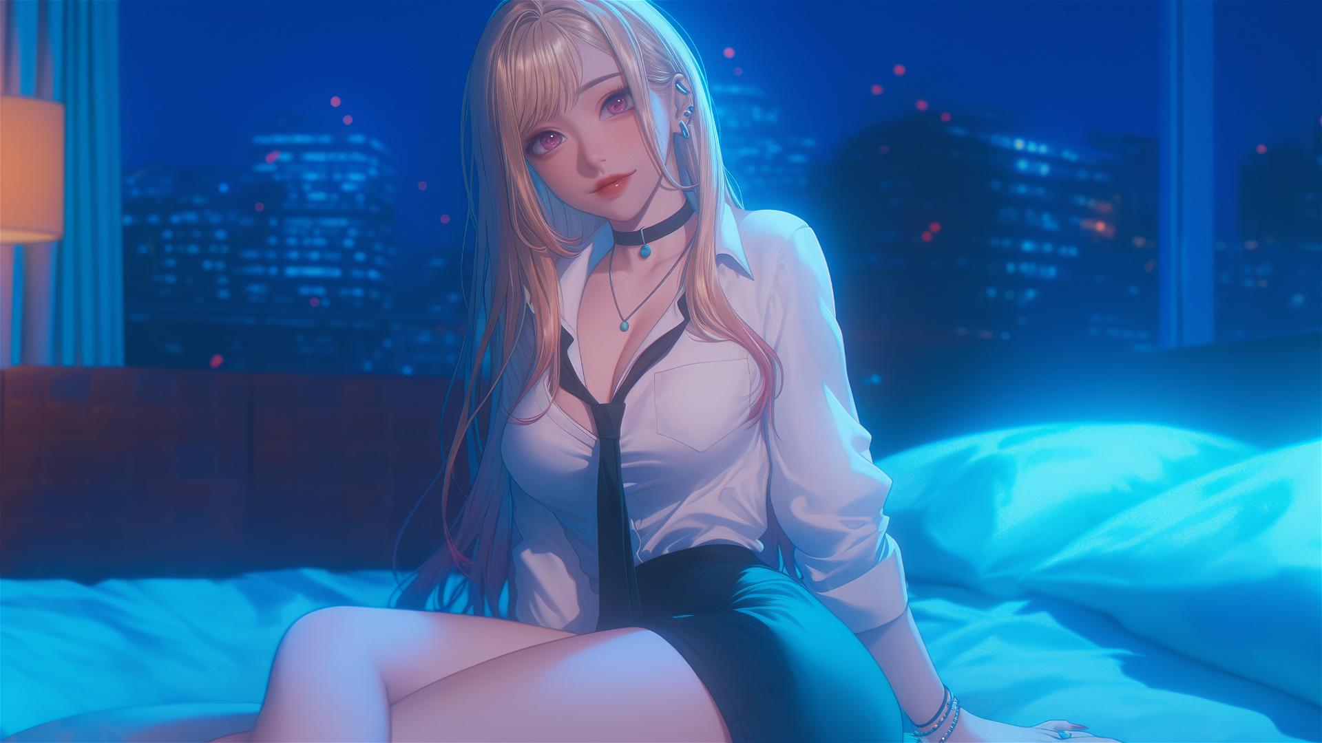 Marin Kitagawa sitting on a hotel bed under moonlight, blonde hair with pink-orange tips.