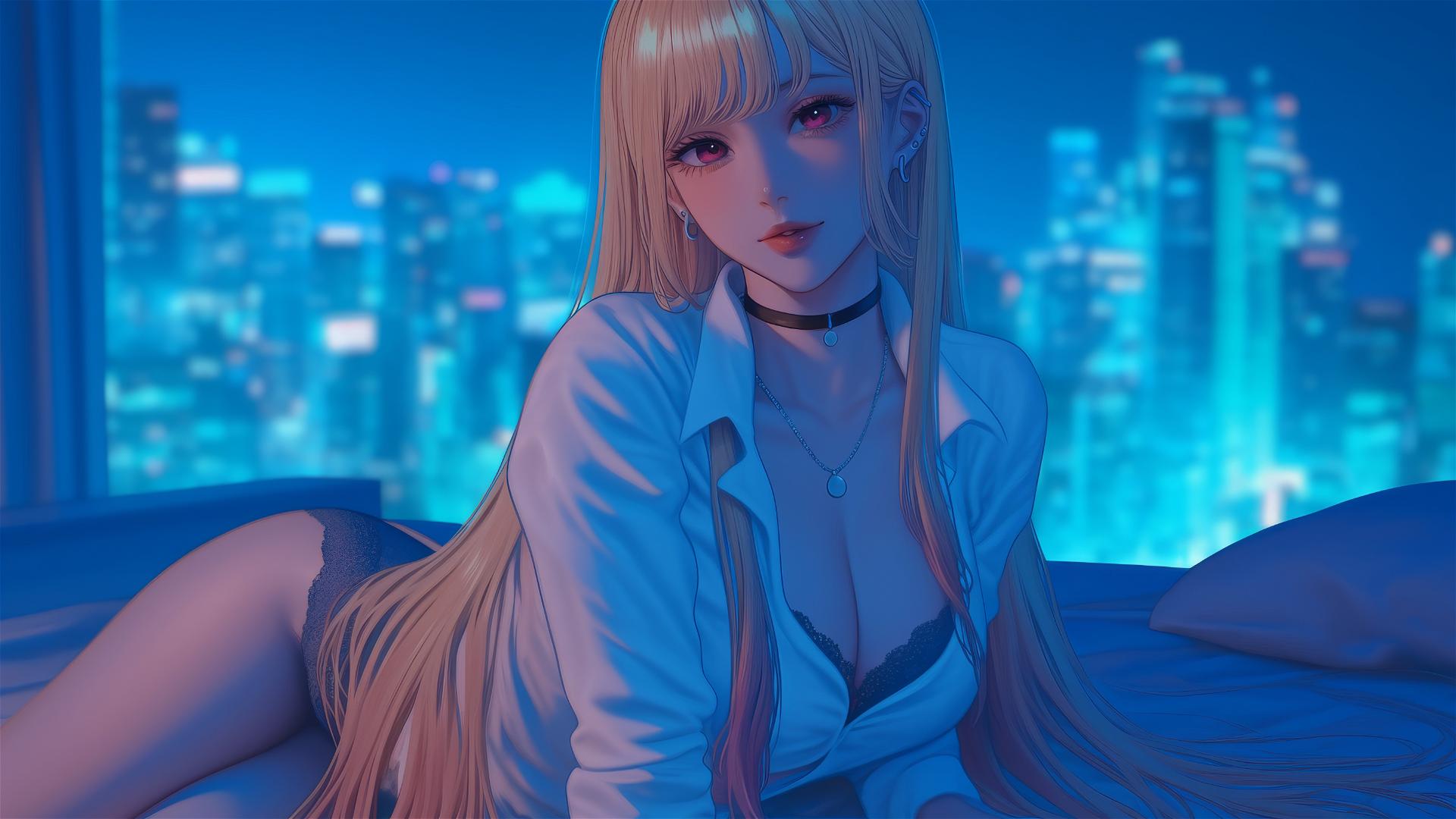 Marin Kitagawa sitting on a hotel bed under moonlight with pink-tipped blonde hair.