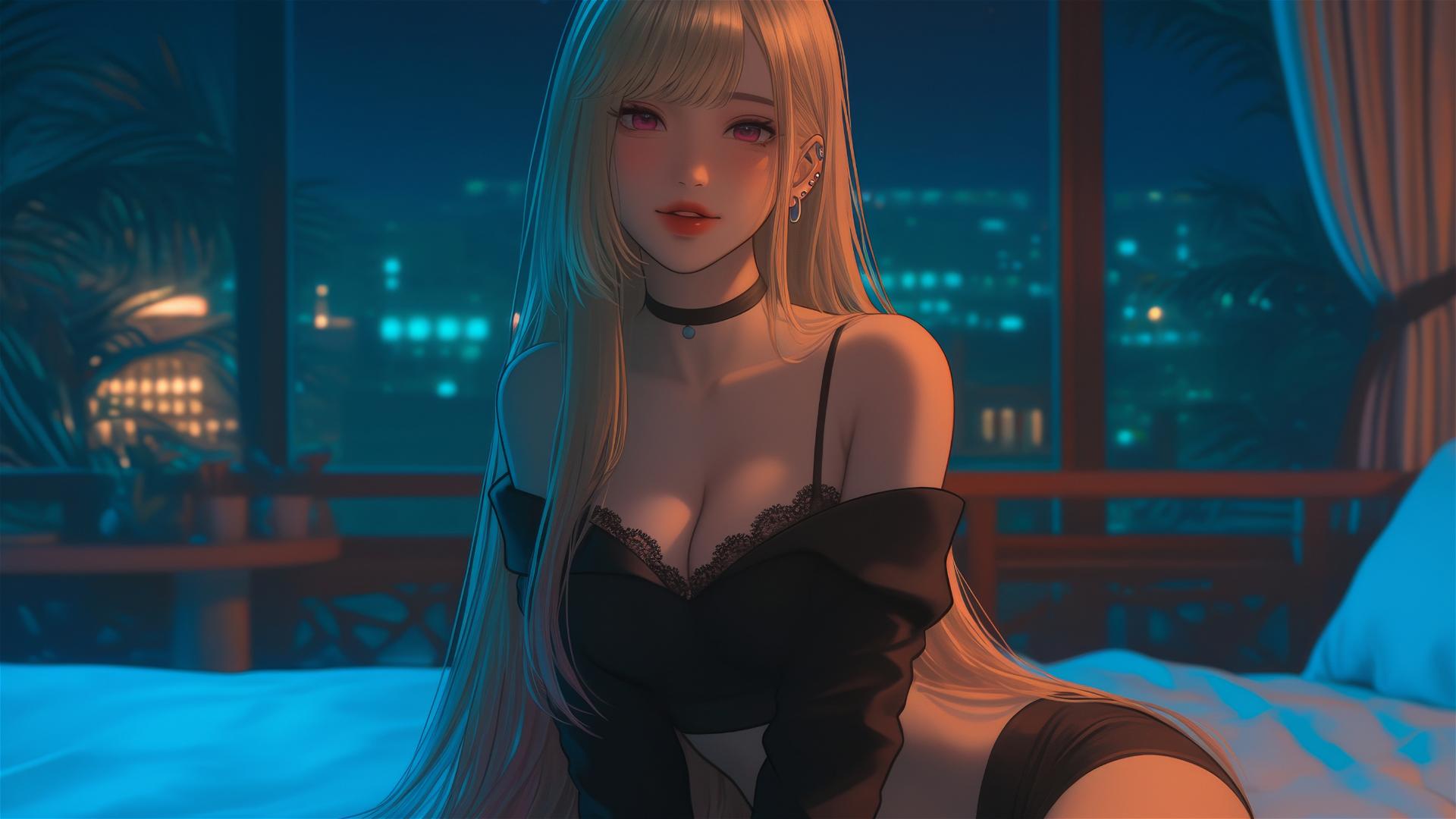 Marin Kitagawa from Kurikami City sitting on a hotel bed with moonlight glow