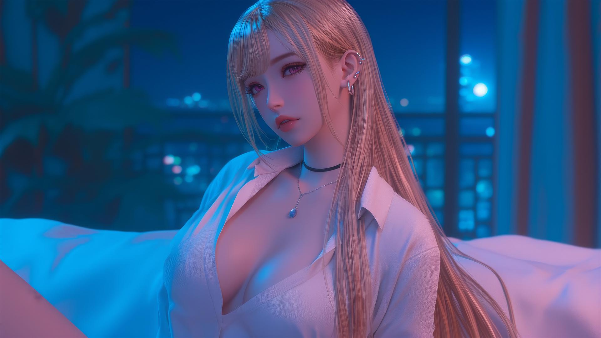 Marin Kitagawa sitting on a hotel bed with moonlight casting a glow
