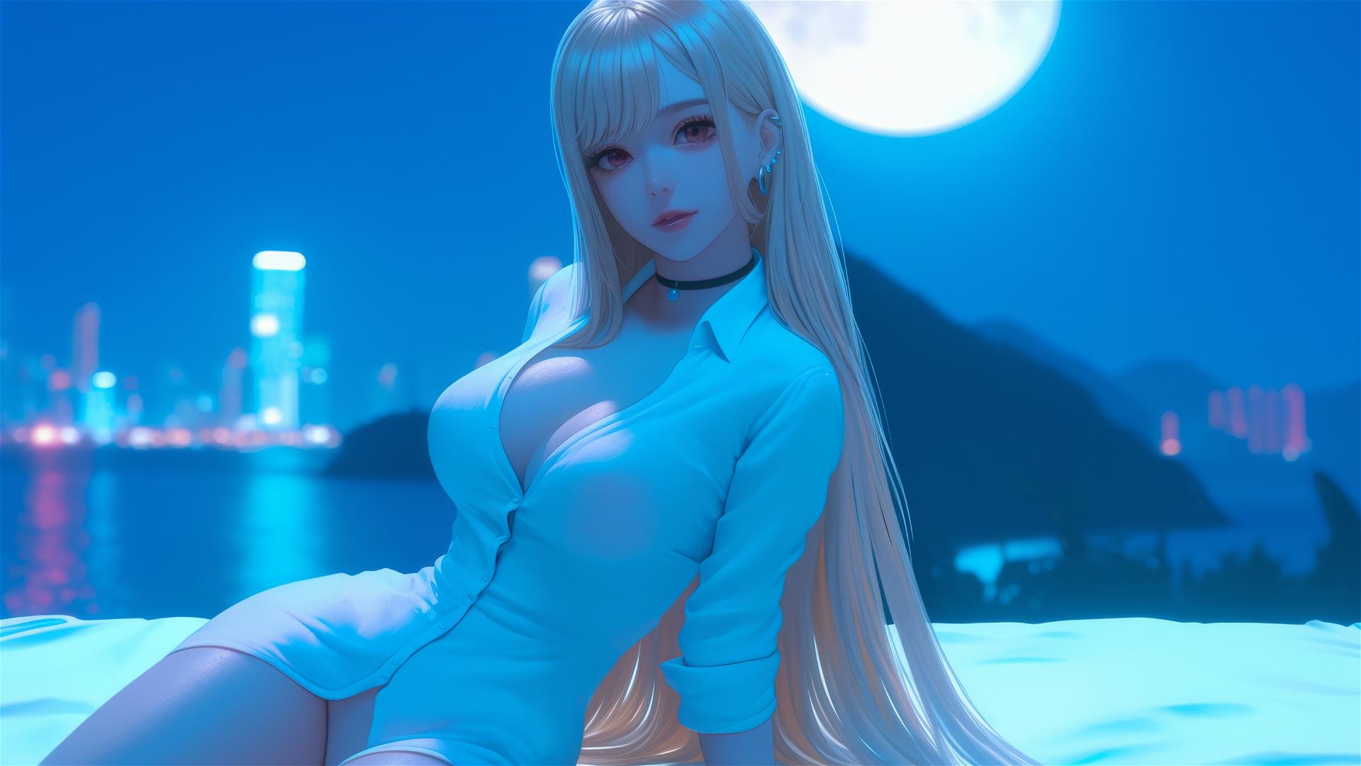 Marin Kitagawa from Kurikami City, sitting on hotel bed under moonlight