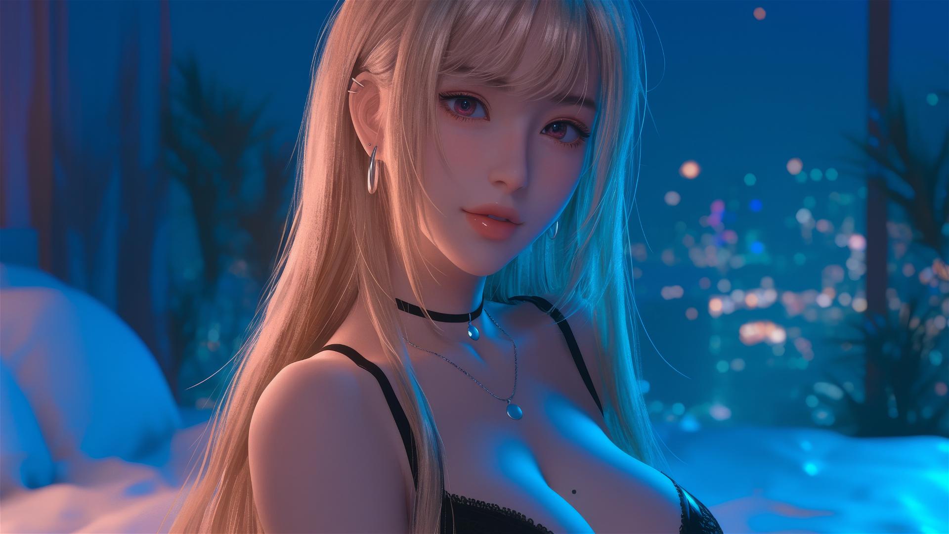 Marin Kitagawa from Kurikami City, sitting on hotel bed with moonlight glow.
