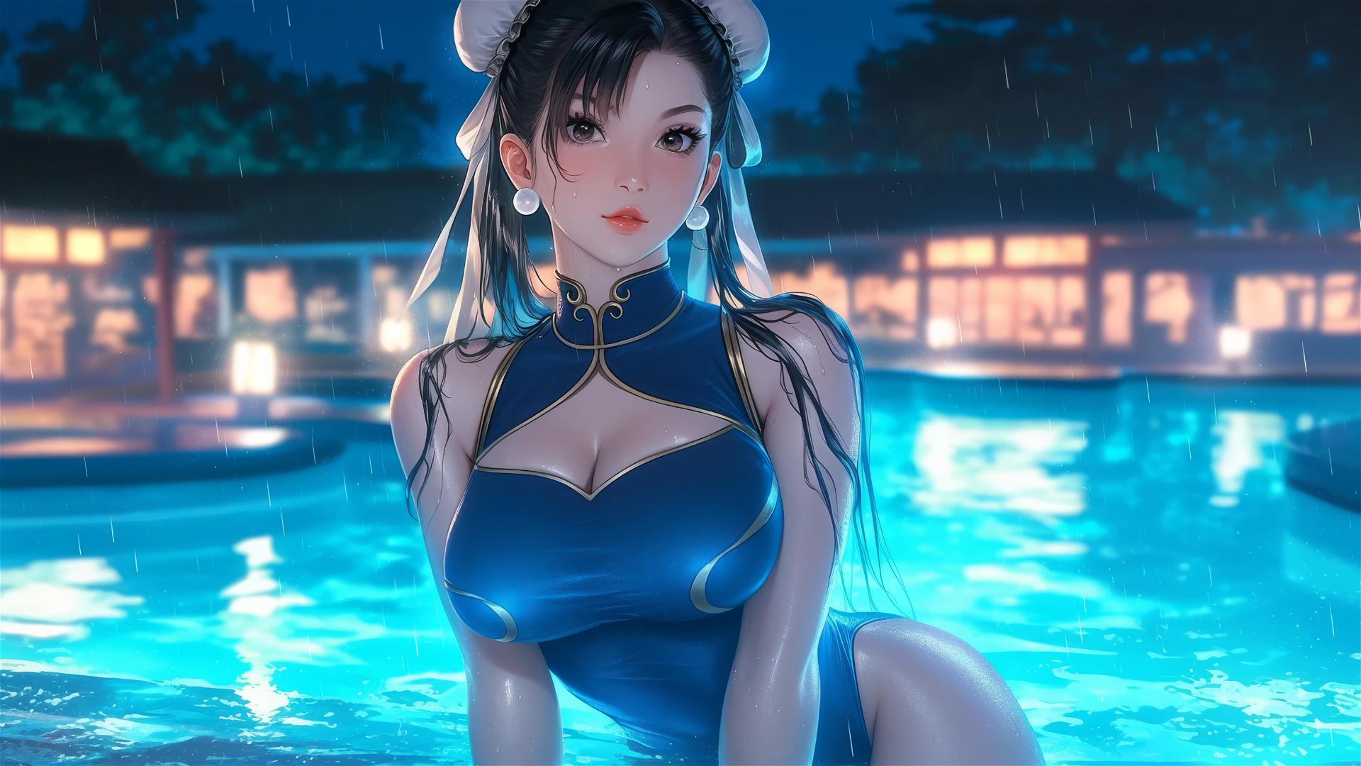 Chun Li standing in a rainy swimming pool under moonlight