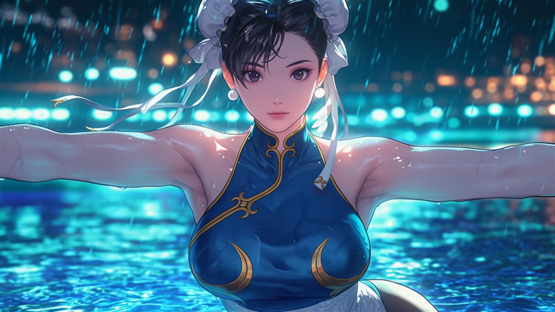 Chun Li standing in a rainy swimming pool with moonlight glow
