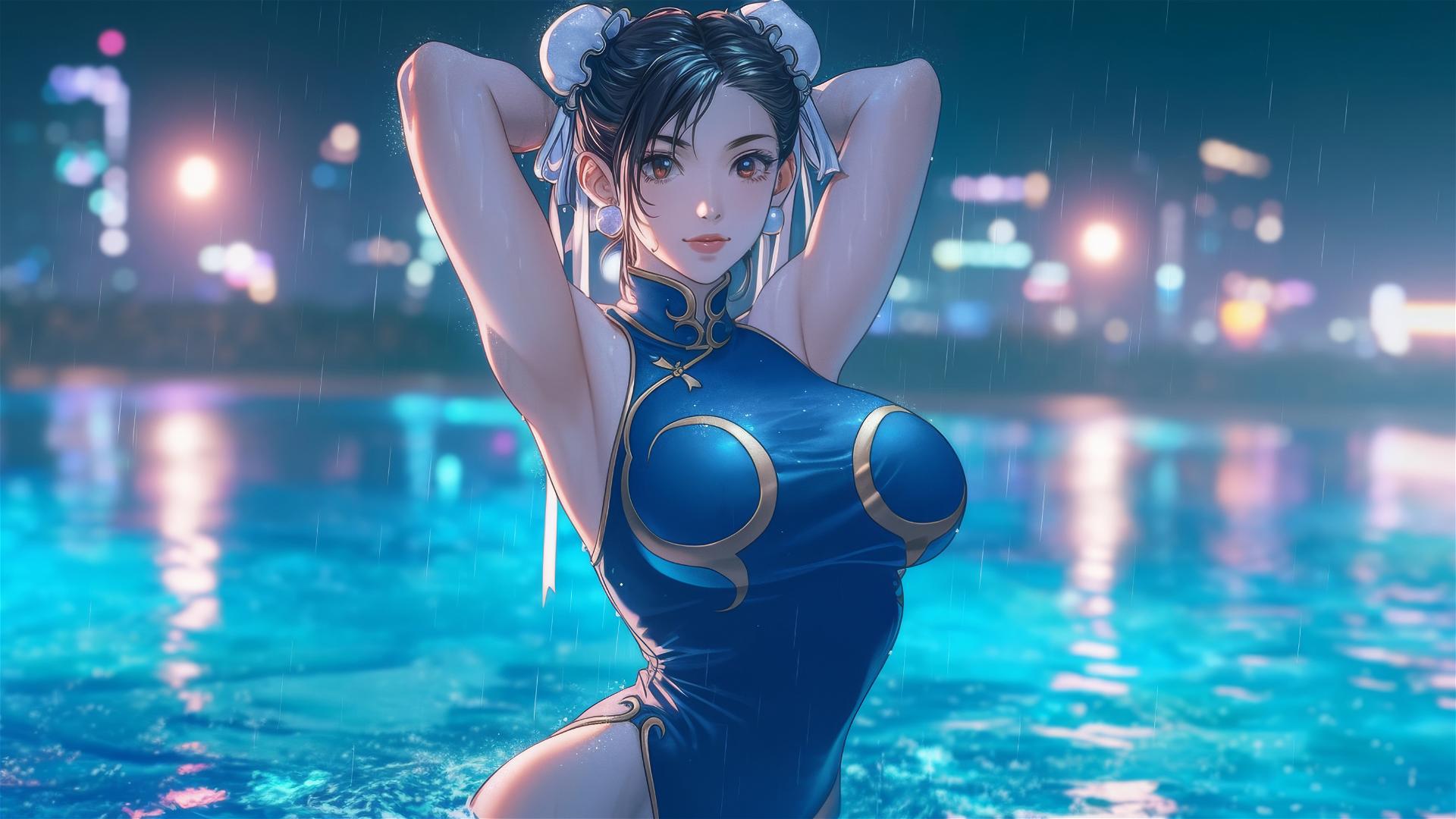 Chun Li from Street Fighter in rainy swimming pool under moonlight glow