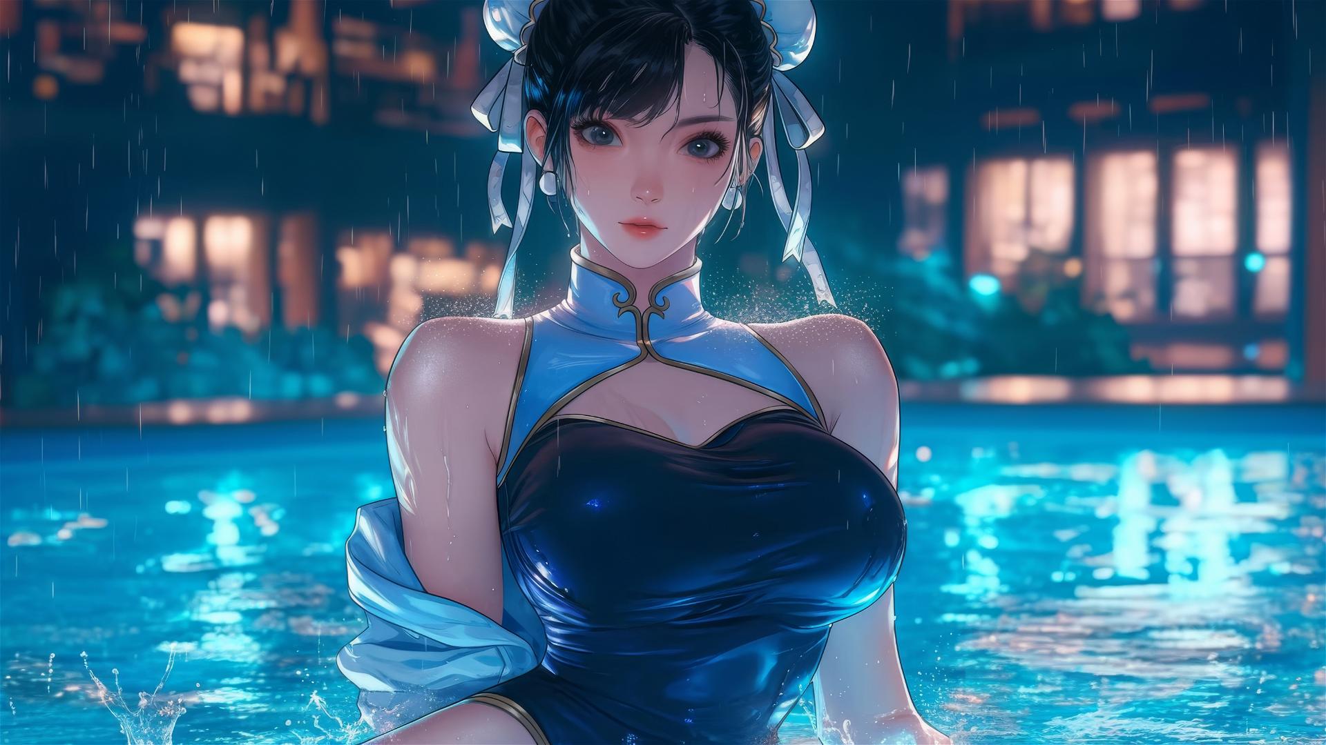 Chun Li standing in rainy swimming pool under moonlight