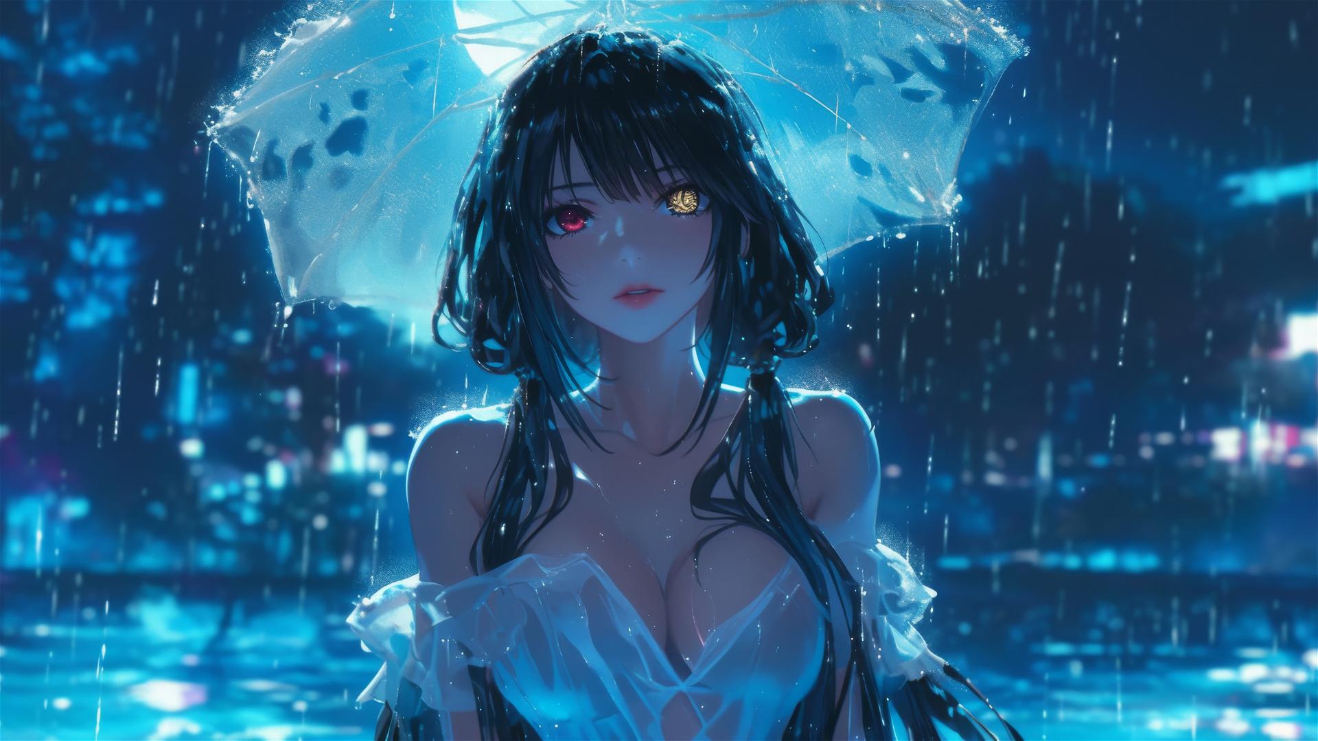 Kurumi Tokisaki standing in a rainy swimming pool under moonlight, wearing pure white dress, with one red and one yellow eye