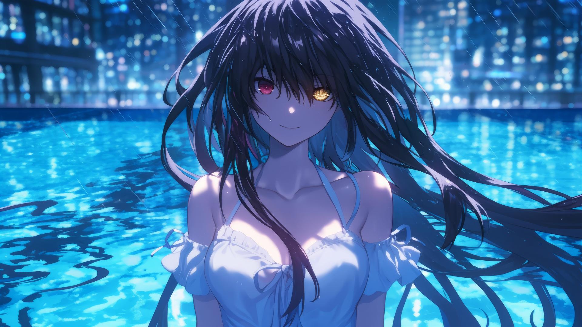 Kurumi Tokisaki standing in a rainy swimming pool, illuminated by moonlight, in a pure white dress.