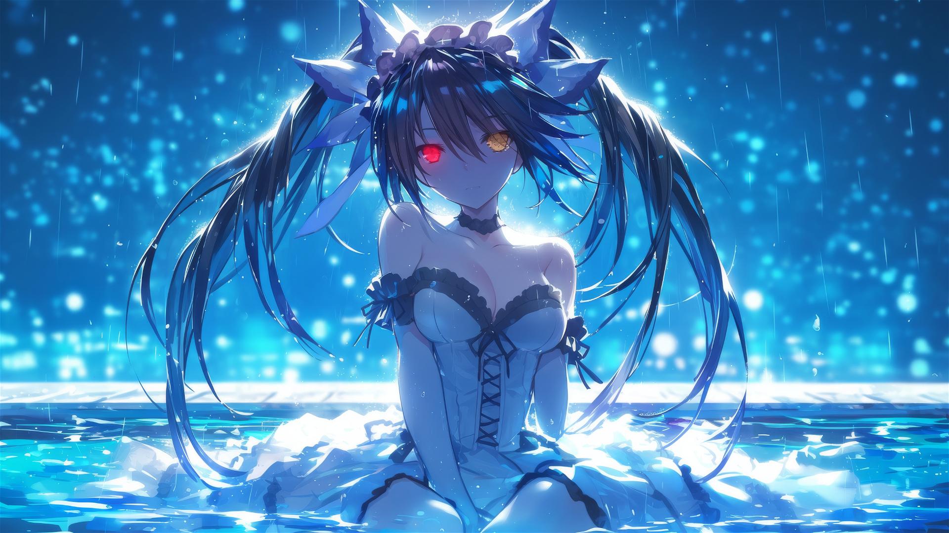 Kurumi Tokisaki standing in a rainy swimming pool under moonlight
