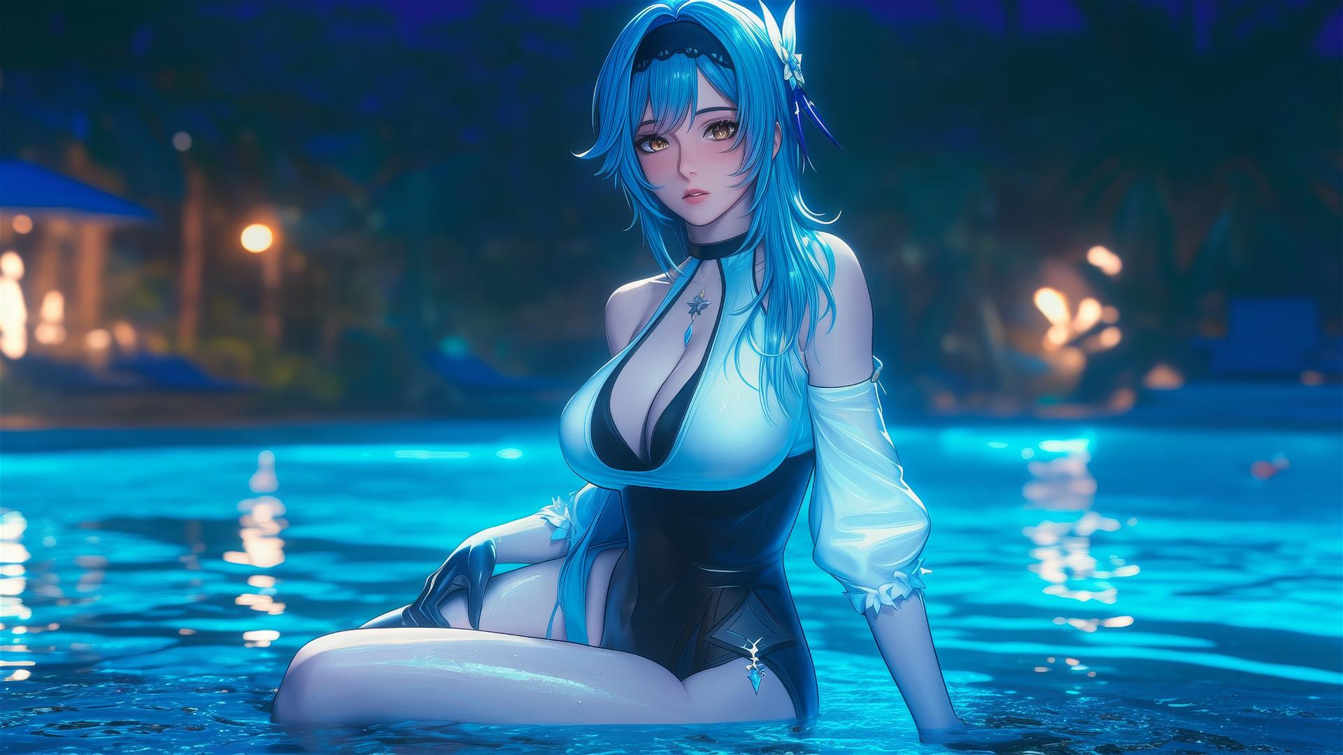 Eula Lawrence from Genshin Impact resting at a swimming pool under moonlight, light blue hair.
