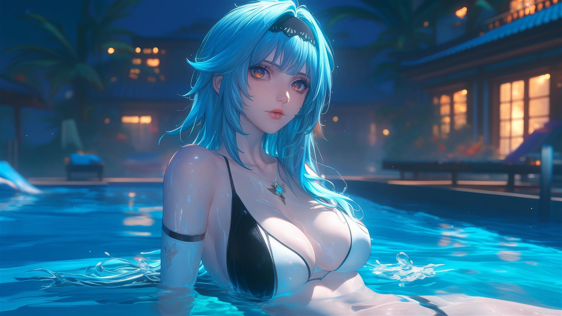 Eula Lawrence resting by the pool under moonlight with light blue hair