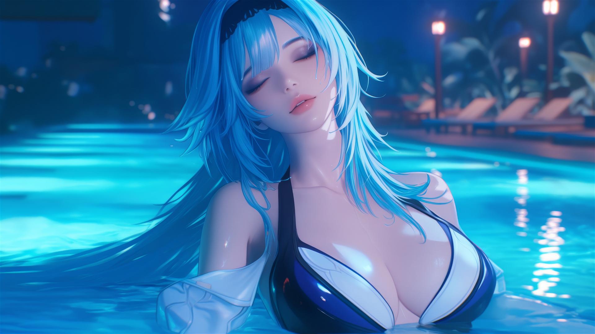 Eula Lawrence resting at a swimming pool under moonlight