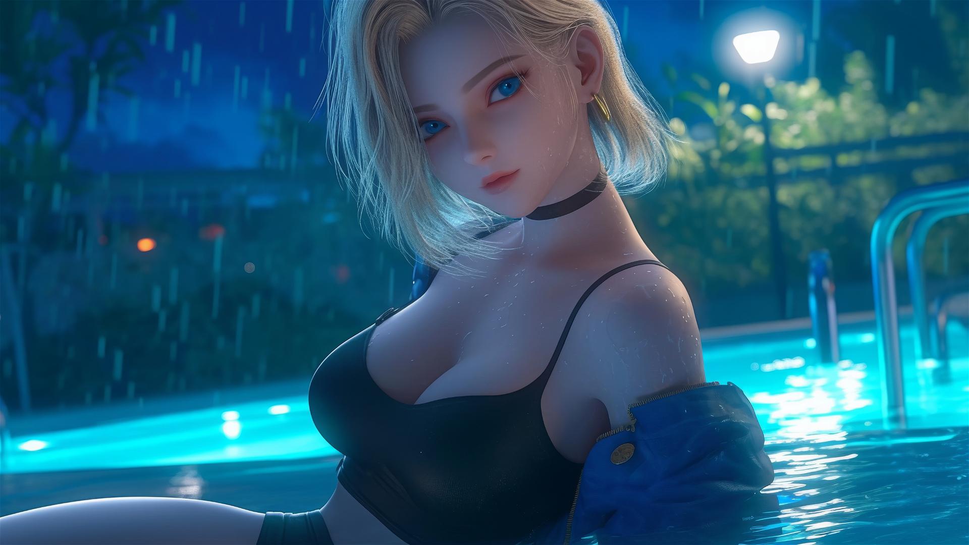 Android 18 resting by a rainy swimming pool with moonlight glow.