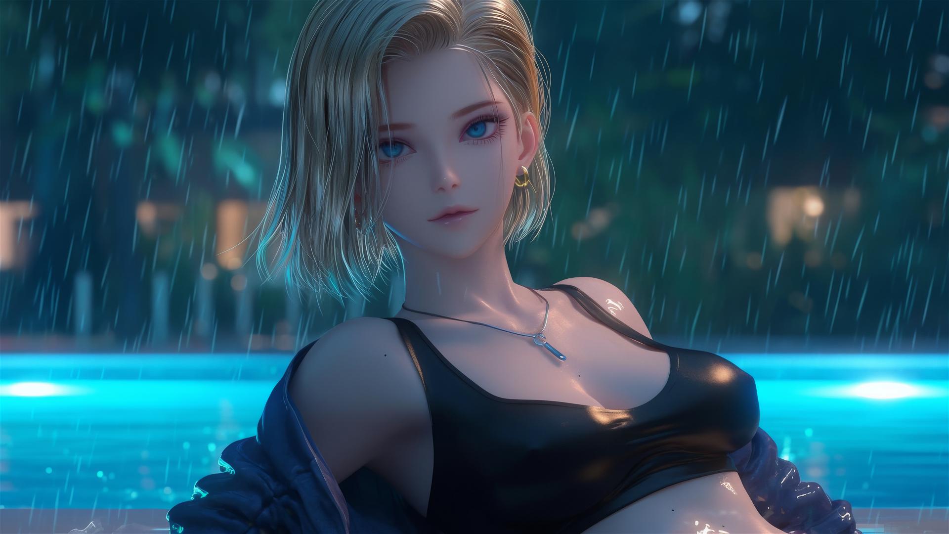 Android 18 from Dragon Ball resting by a rainy pool in moonlight
