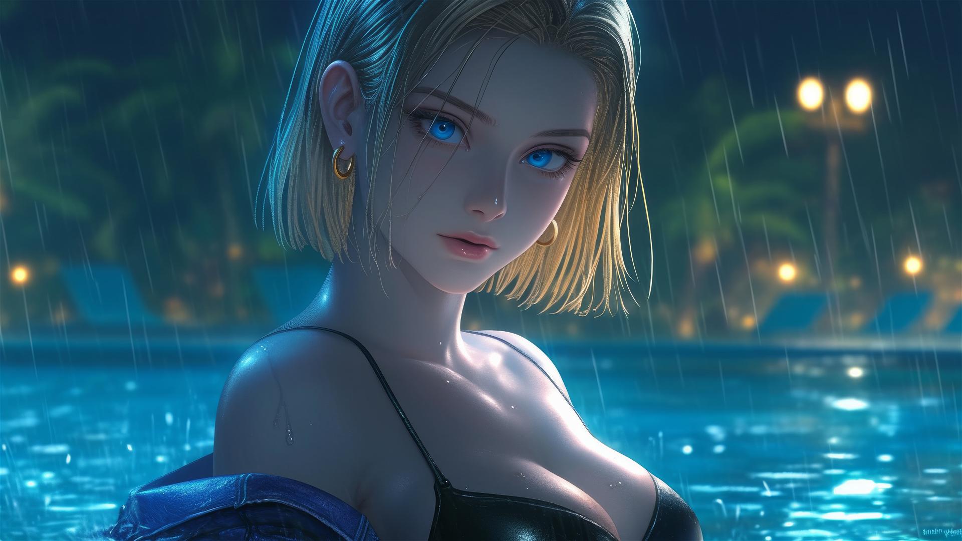 Android 18 resting by rainy pool under moonlight