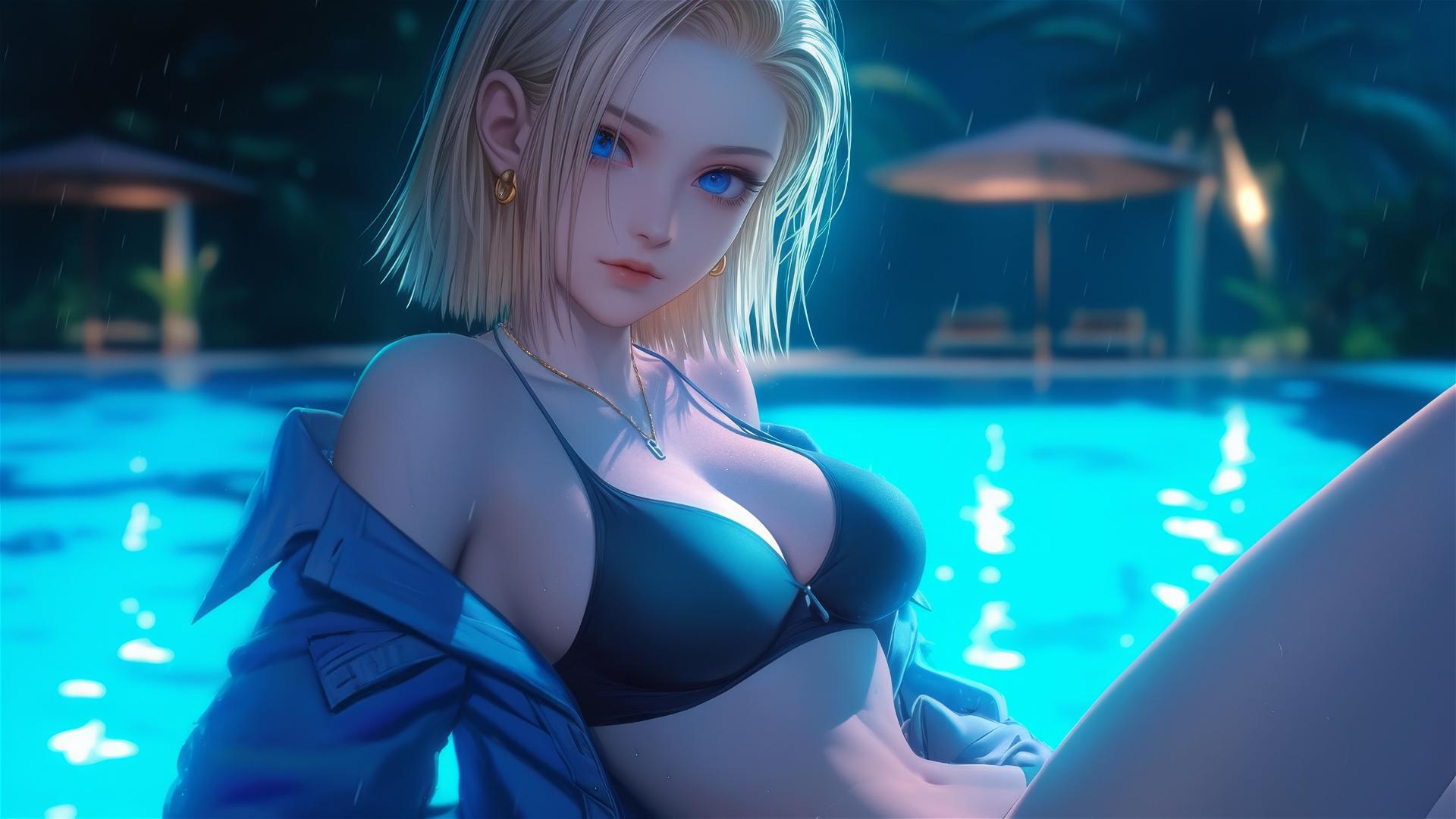 Android 18 from Dragon Ball resting by a rainy swimming pool in moonlight