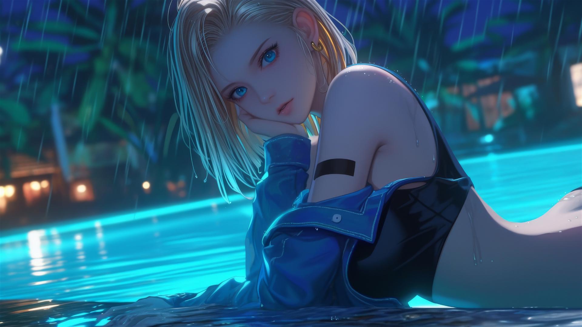 Android 18 resting by a rainy swimming pool with moonlight glow