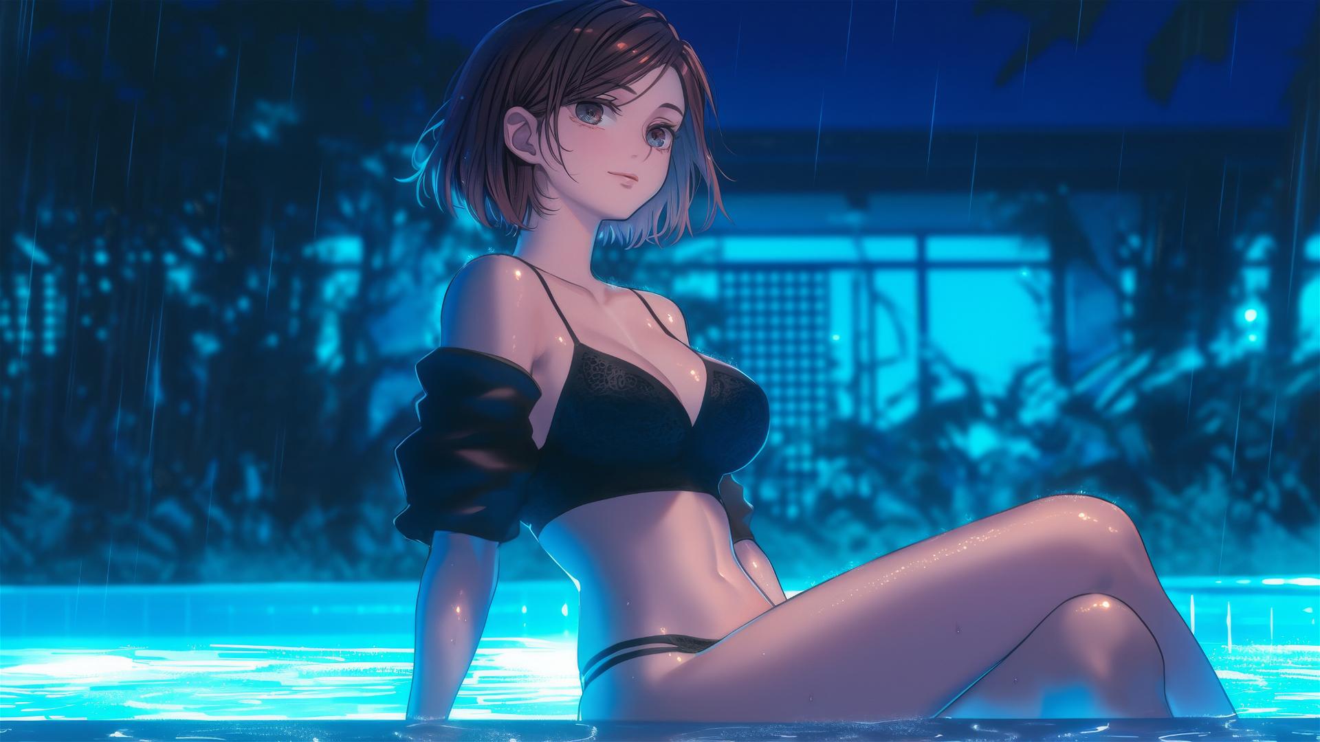 Nobara Kugisaki relaxing by a rainy swimming pool with moonlight