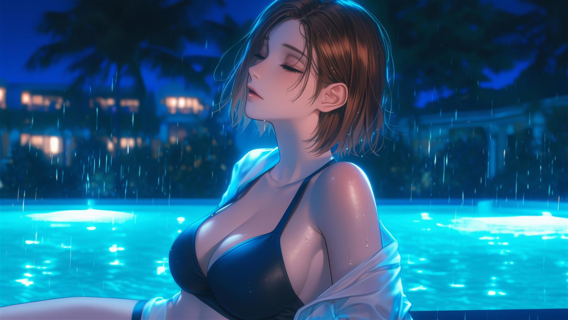 Nobara Kugisaki from Jujutsu Kaisen resting by a rainy pool under moonlight