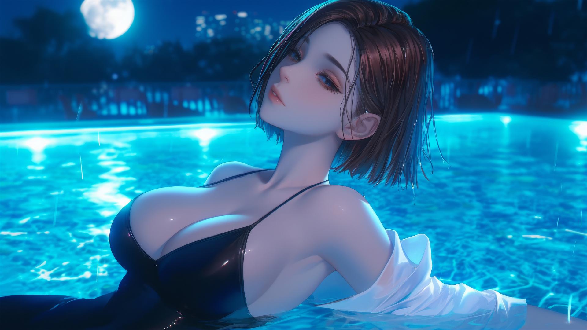 Nobara Kugisaki resting by a rainy swimming pool under moonlight