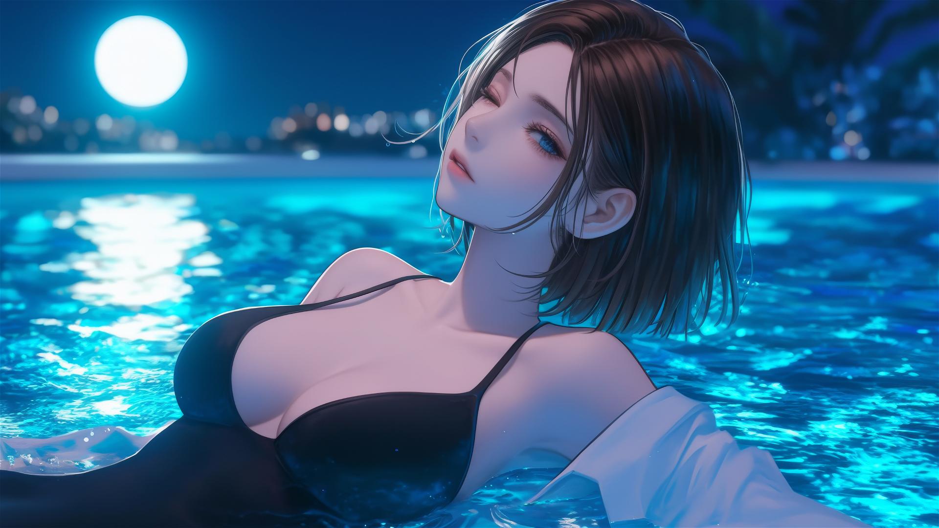 Nobara Kugisaki from Jujutsu Kaisen resting by a rainy pool under moonlight.