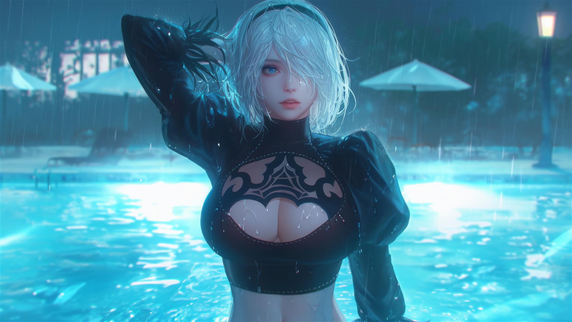 2B from Nier at rainy pool with moonlight glow