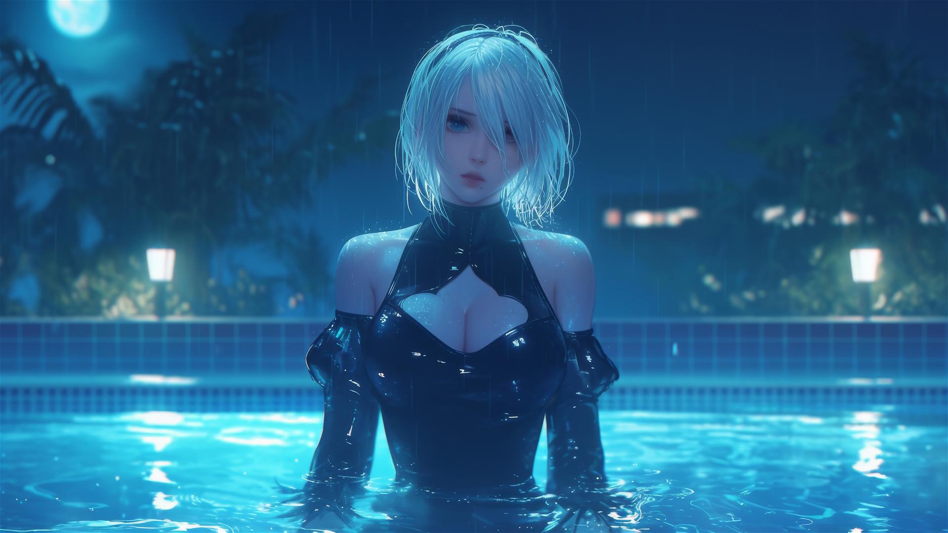 2B from Nier at a rainy pool with moonlight glow