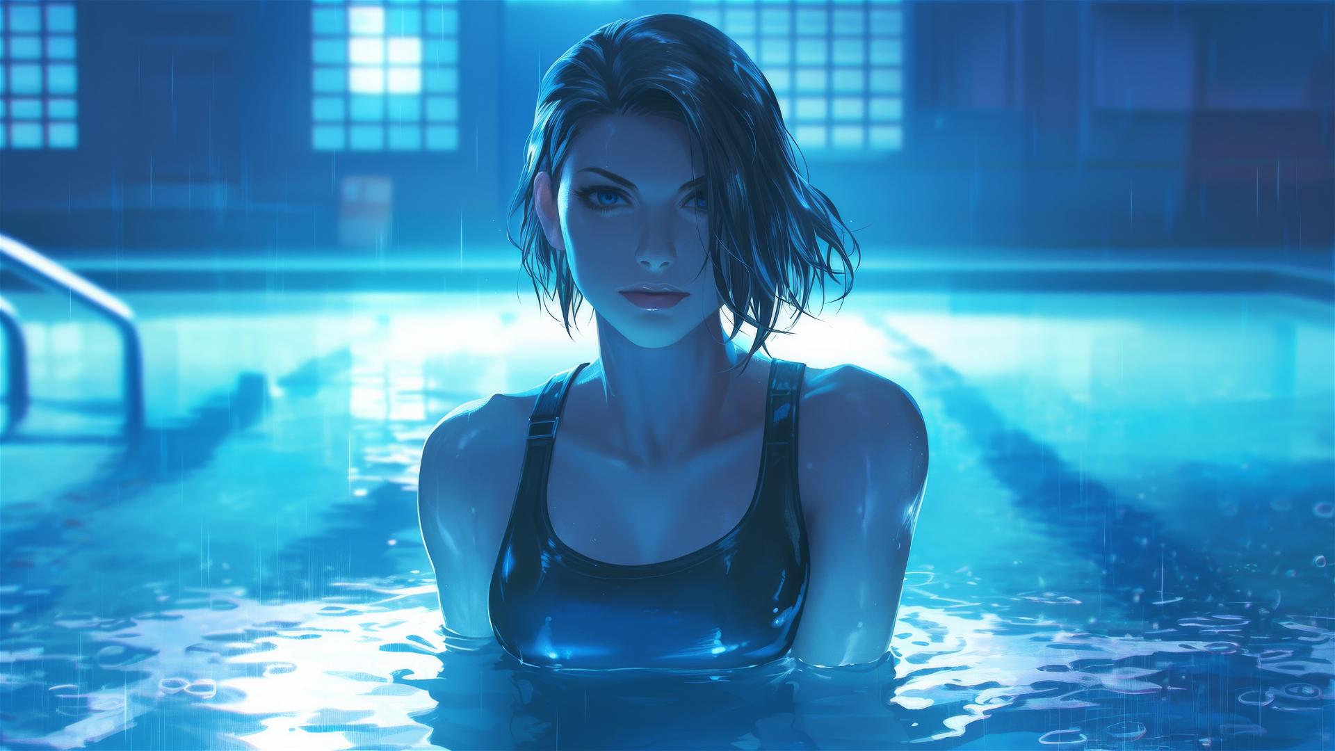 Jill Valentine in a rainy swimming pool under moonlight
