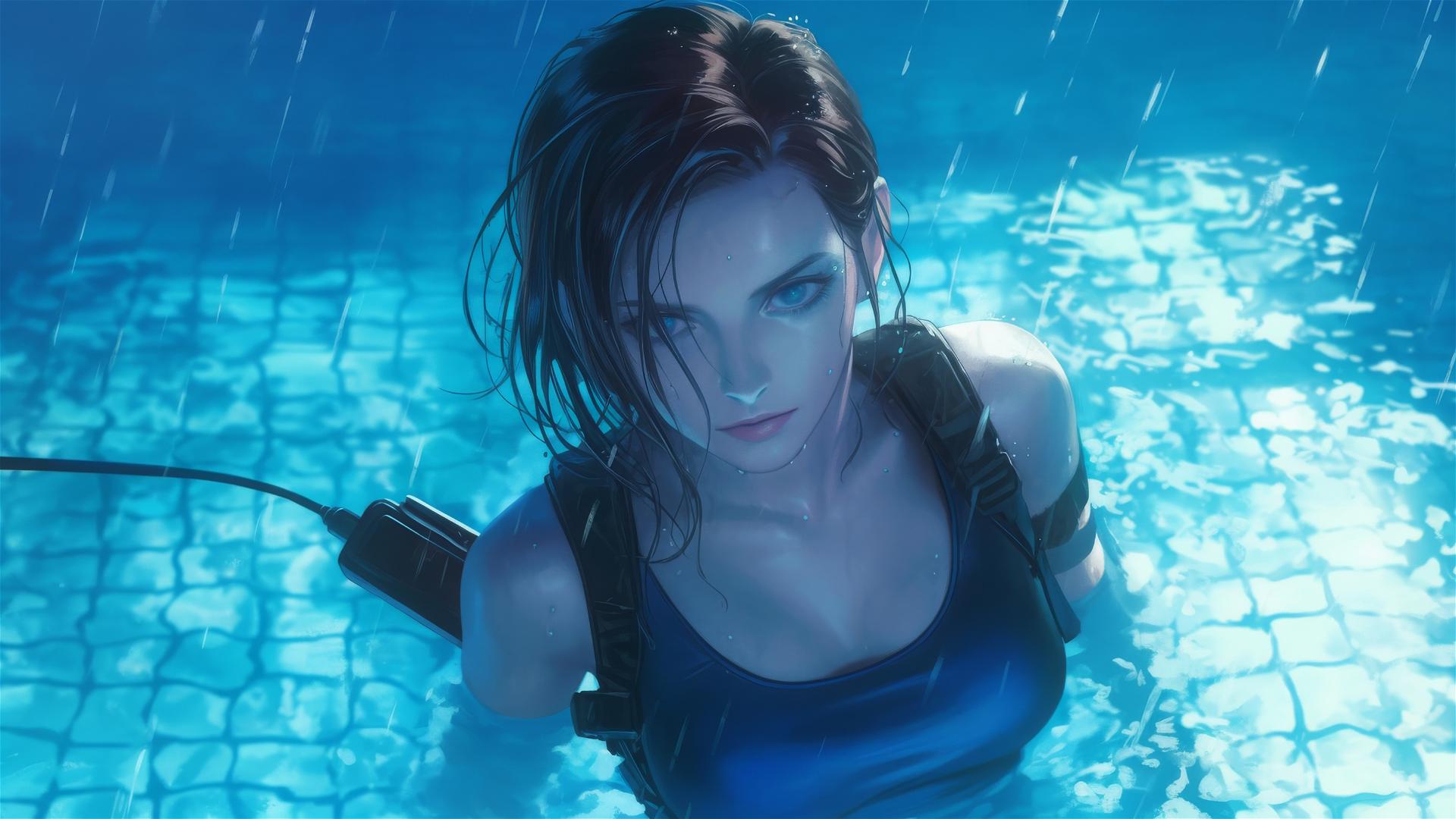 Jill Valentine stands in rainy pool under moonlight