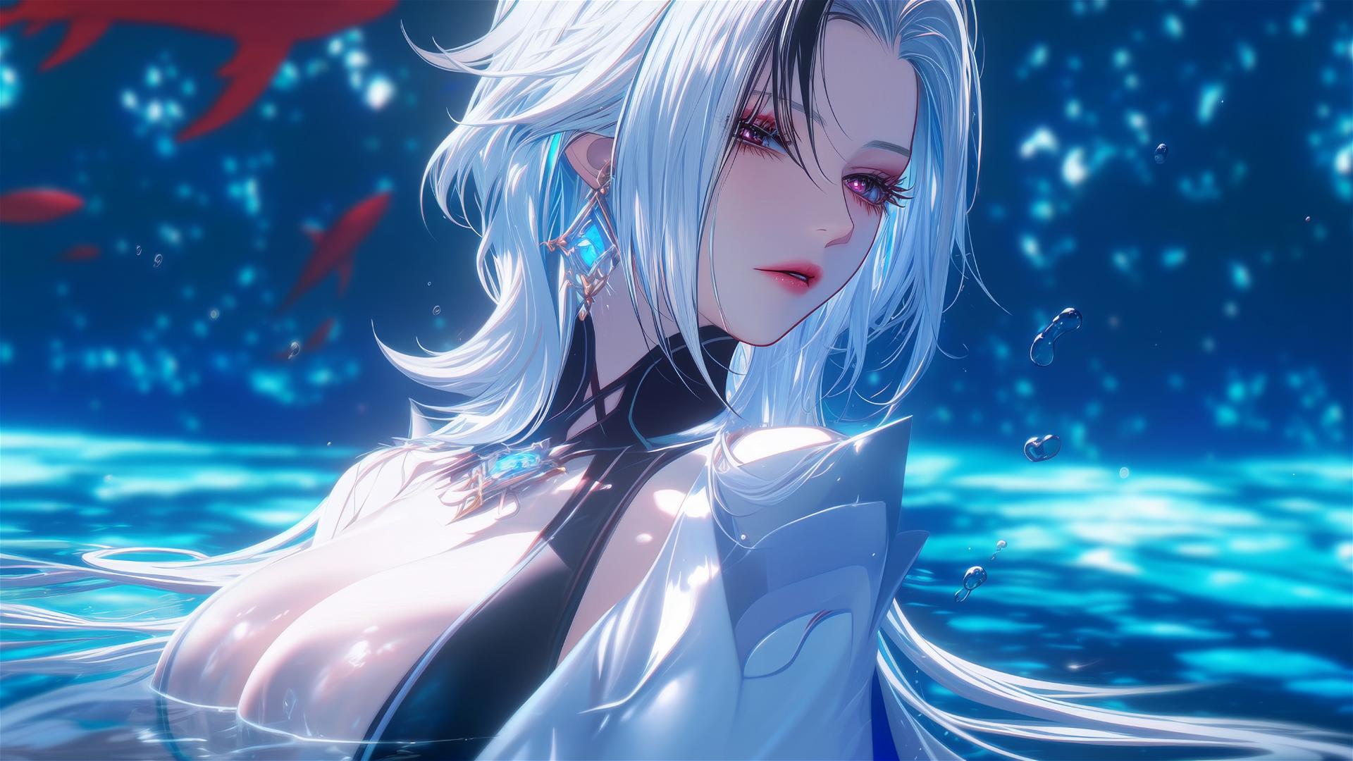 Arlecchino from Genshin Impact with snow white hair and black streaks, at a swimming pool under moonlight